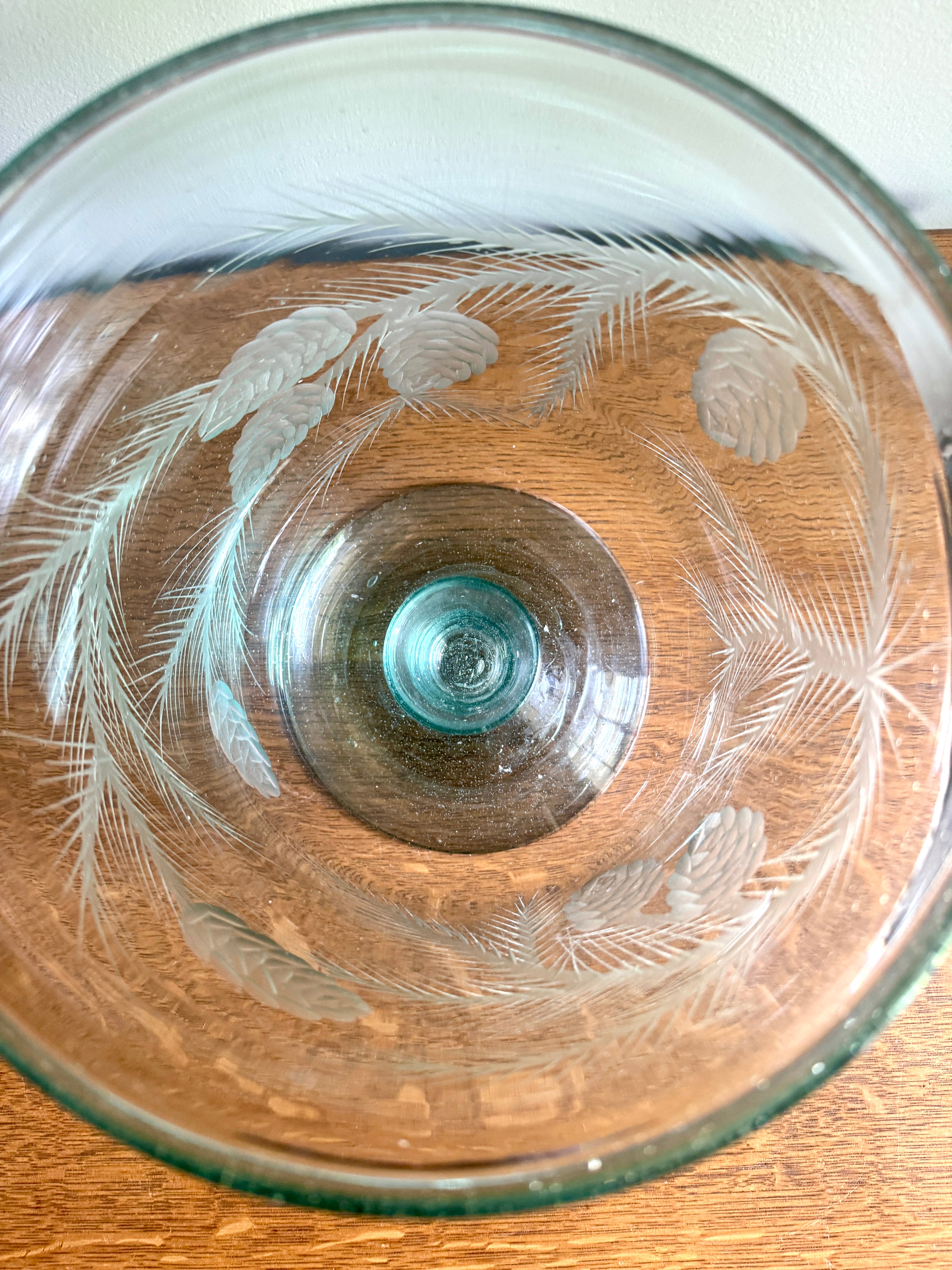 Vtg Large Etched Glass Hurricane Candle Holder ~ Handblown Footed Sea Green Glass Candleholder