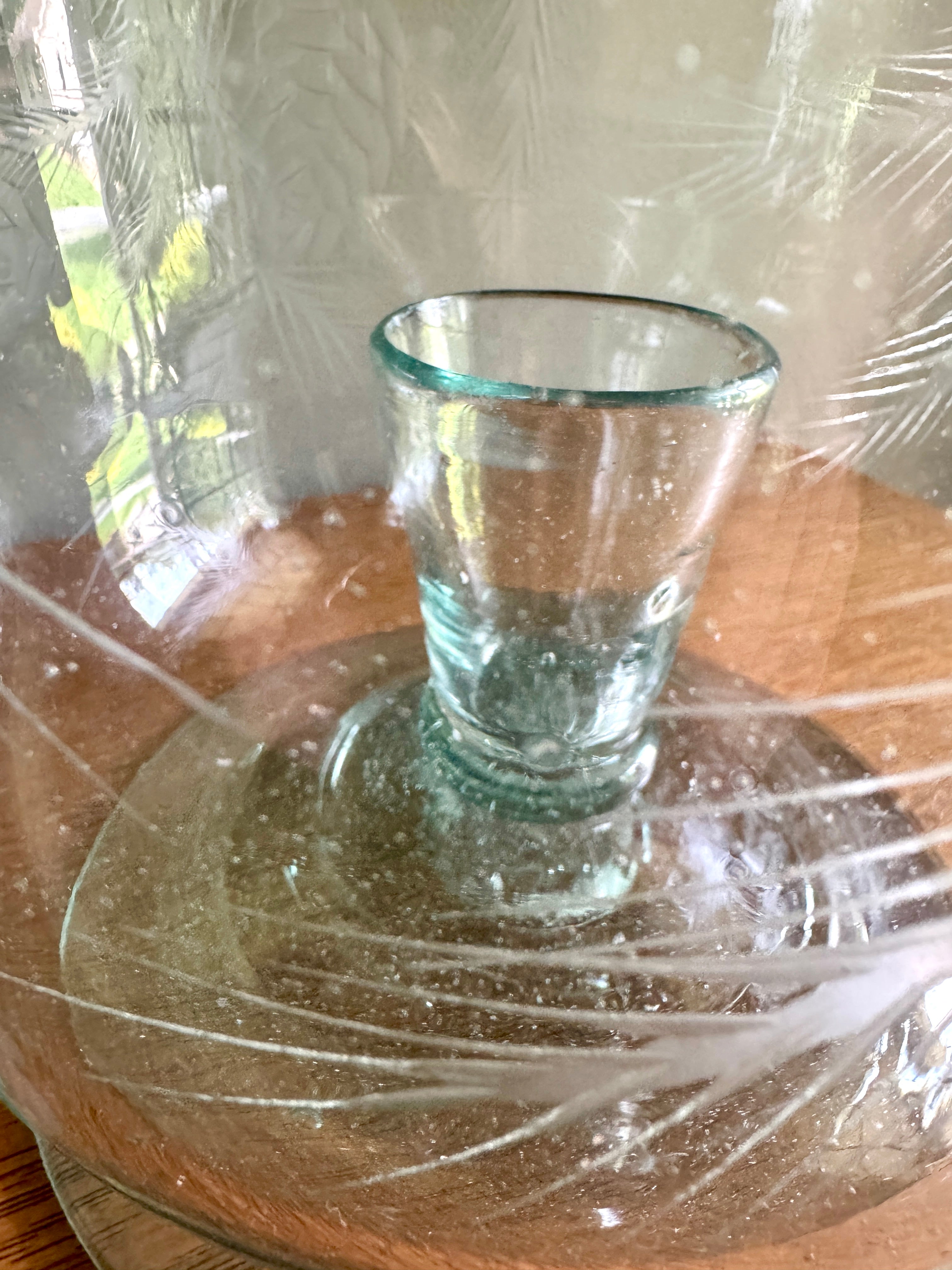 Vtg Large Etched Glass Hurricane Candle Holder ~ Handblown Footed Sea Green Glass Candleholder