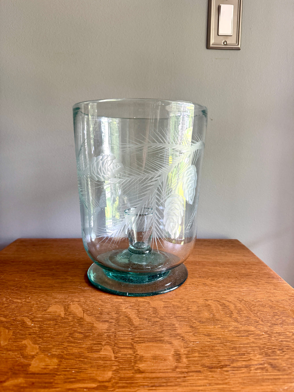 Vtg Large Etched Glass Hurricane Candle Holder ~ Handblown Footed Sea Green Glass Candleholder