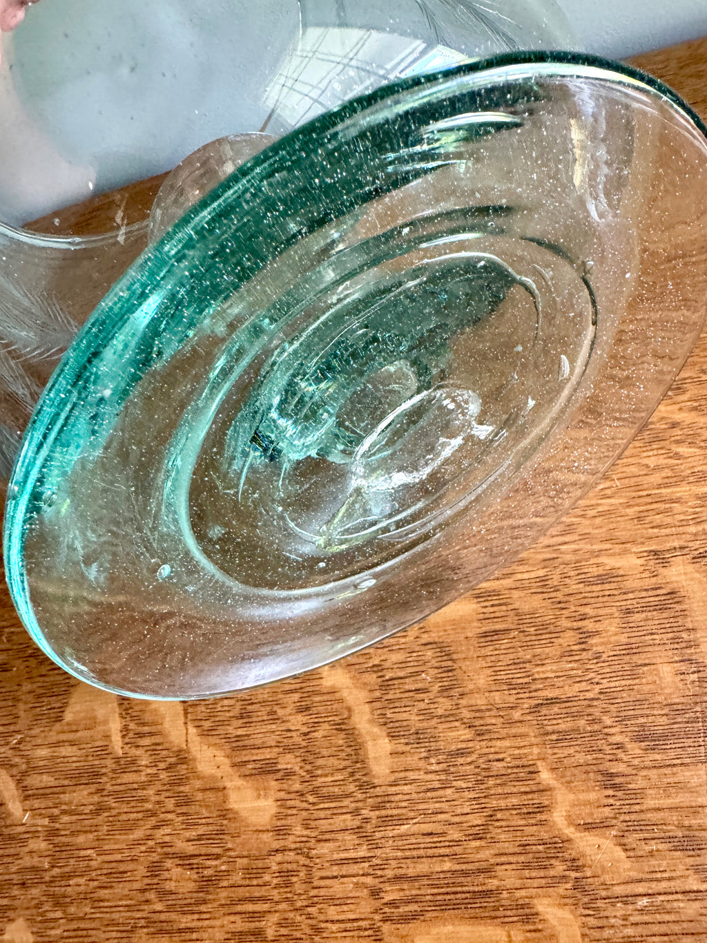 Vtg Large Etched Glass Hurricane Candle Holder ~ Handblown Footed Sea Green Glass Candleholder