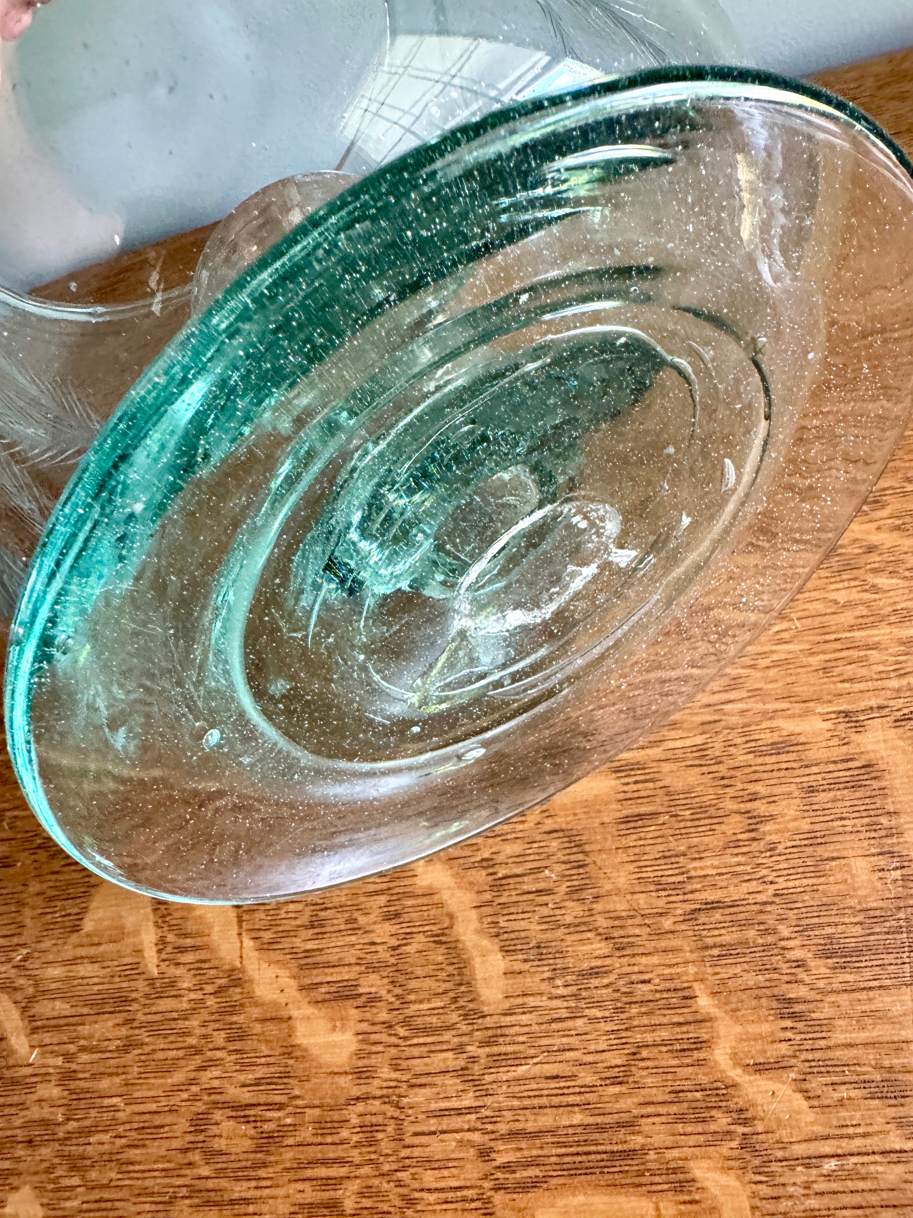 Vtg Large Etched Glass Hurricane Candle Holder ~ Handblown Footed Sea Green Glass Candleholder