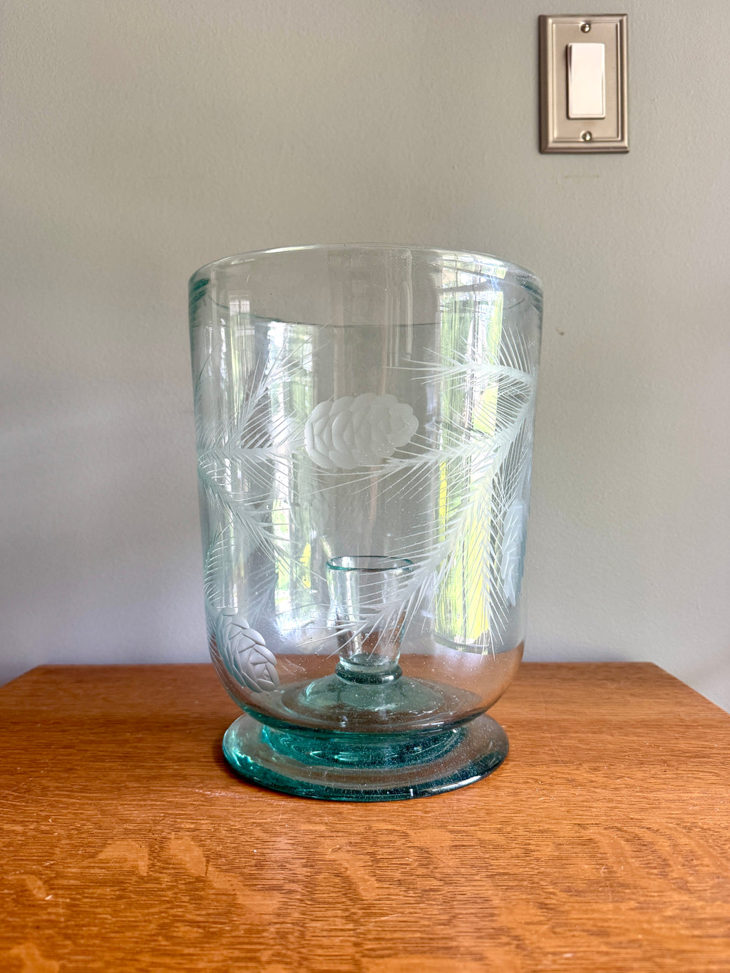 Vtg Large Etched Glass Hurricane Candle Holder ~ Handblown Footed Sea Green Glass Candleholder