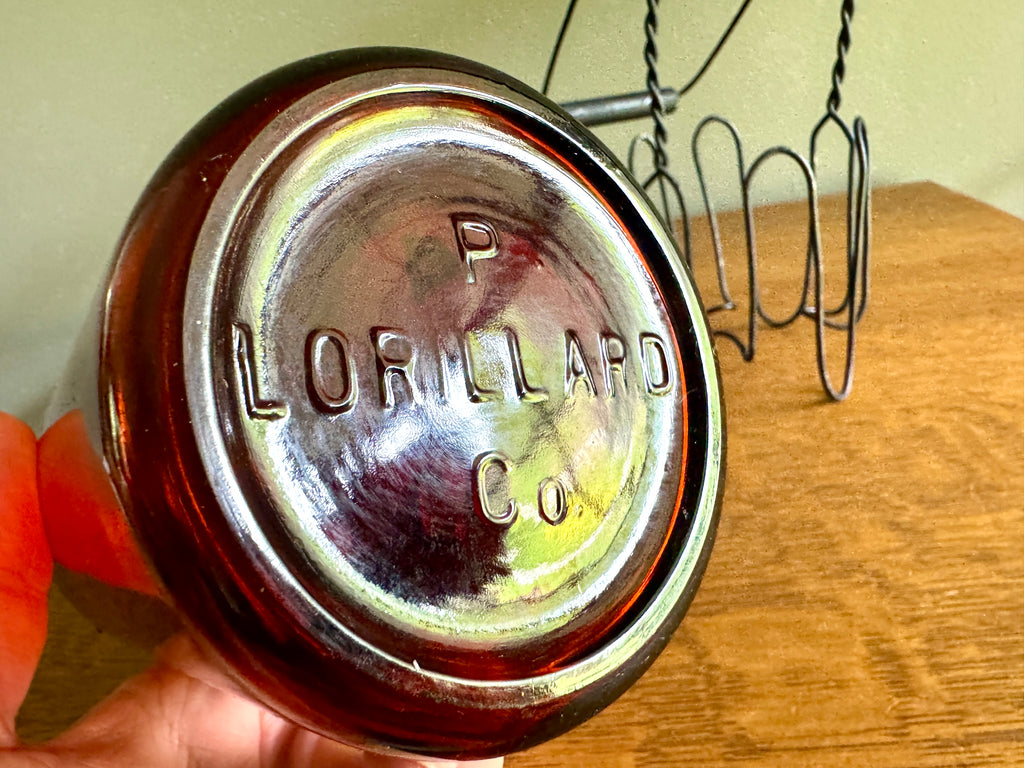 Antique P. Lorillard American Snuff Company Glass Jar In Wire Holder with Handle ~ Amber W. Helme Co. of New Jersey Jar