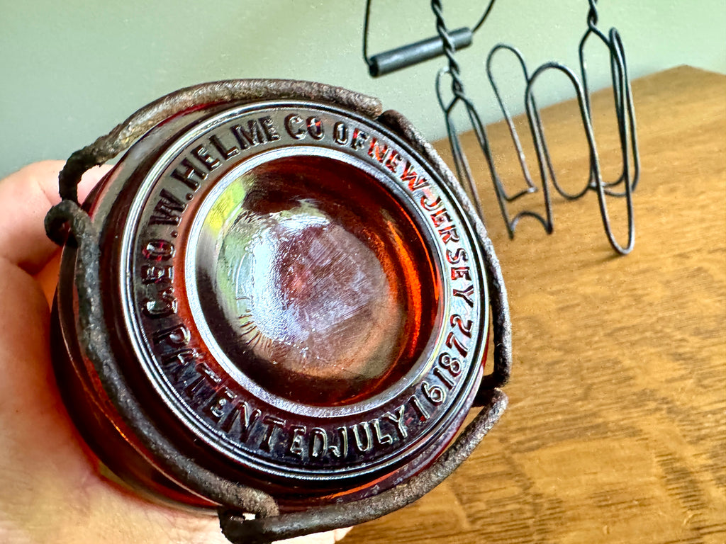 Antique P. Lorillard American Snuff Company Glass Jar In Wire Holder with Handle ~ Amber W. Helme Co. of New Jersey Jar