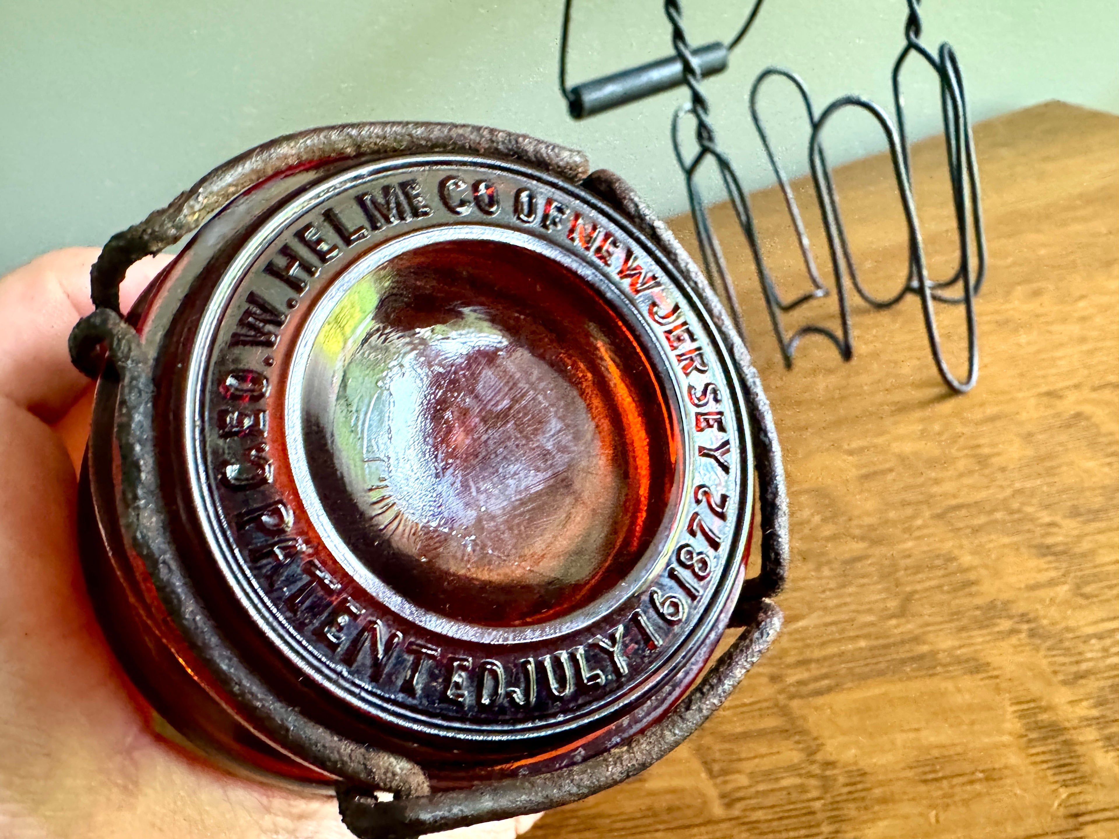 Antique P. Lorillard American Snuff Company Glass Jar In Wire Holder with Handle ~ Amber W. Helme Co. of New Jersey Jar