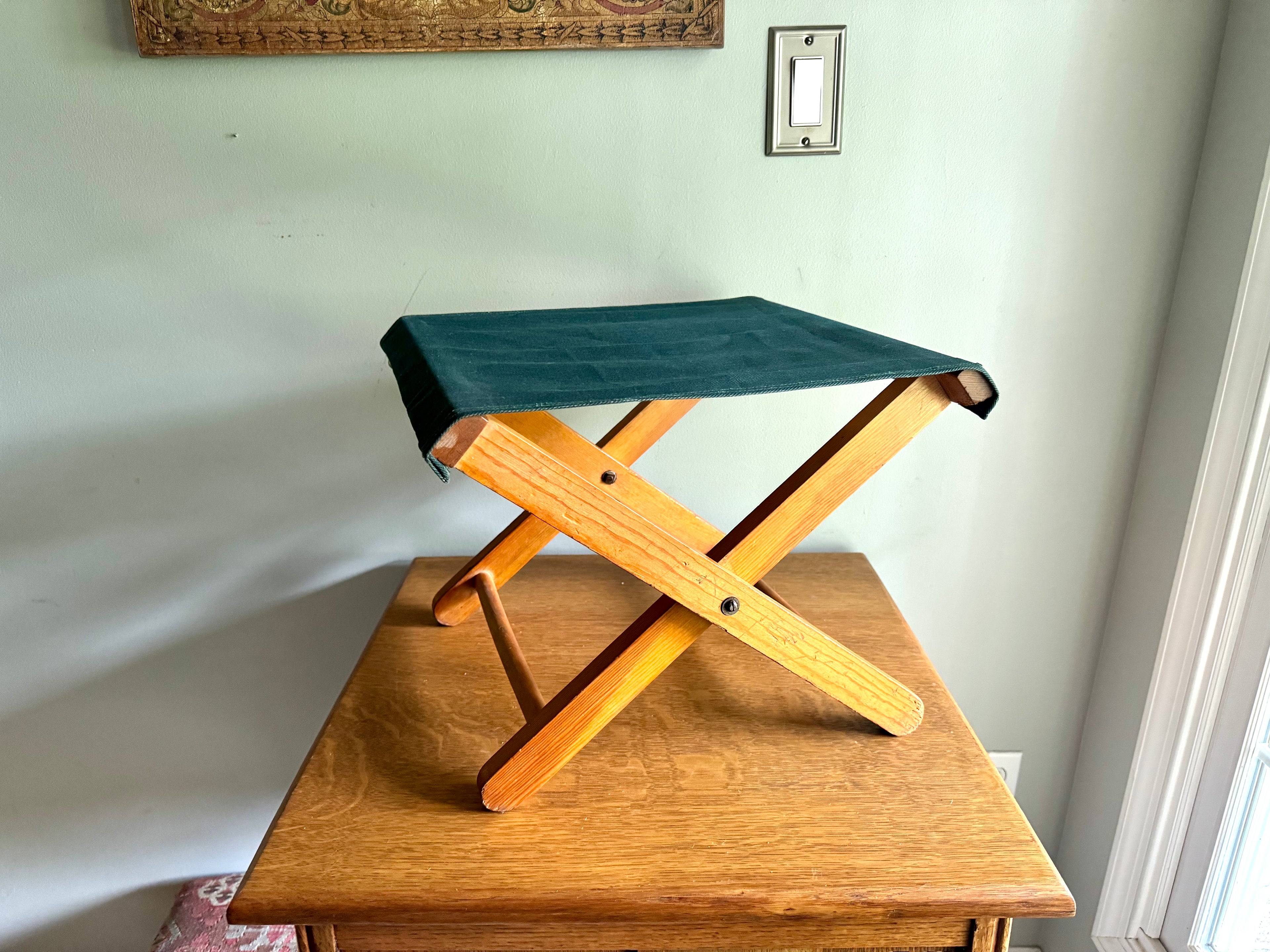 Vintage Folding Camp Stool | Wooden Fishing Stool | Green Folding Wood and Canvas Stool | Camping Stool | Travel Stool