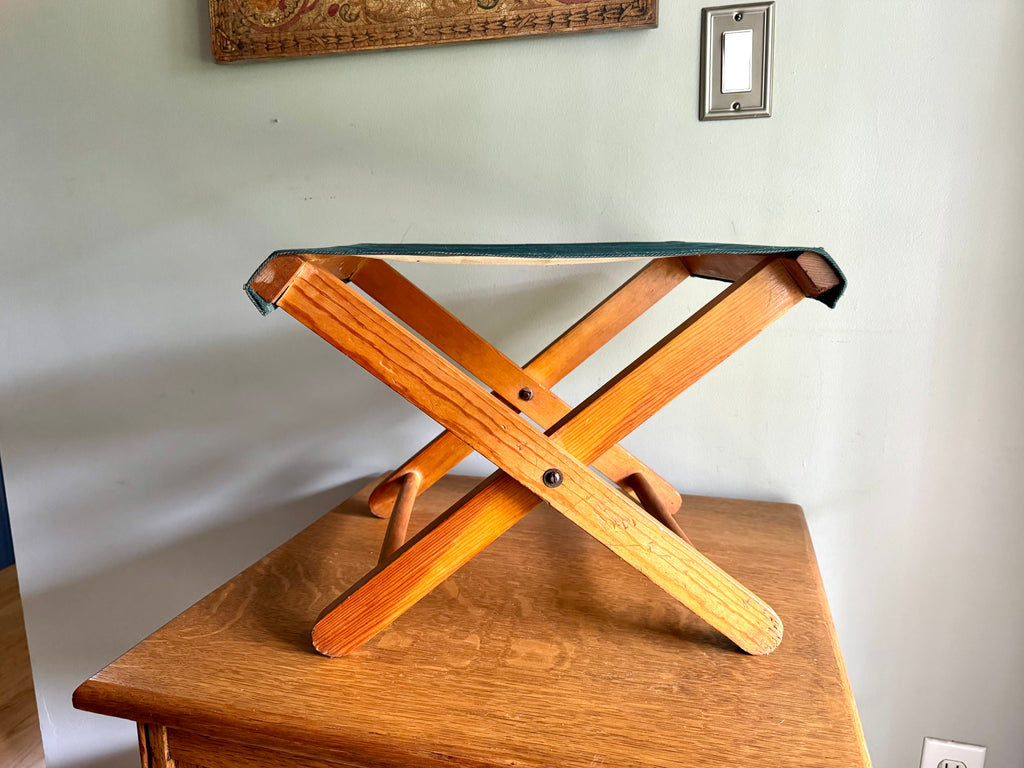Vintage Folding Camp Stool | Wooden Fishing Stool | Green Folding Wood and Canvas Stool | Camping Stool | Travel Stool