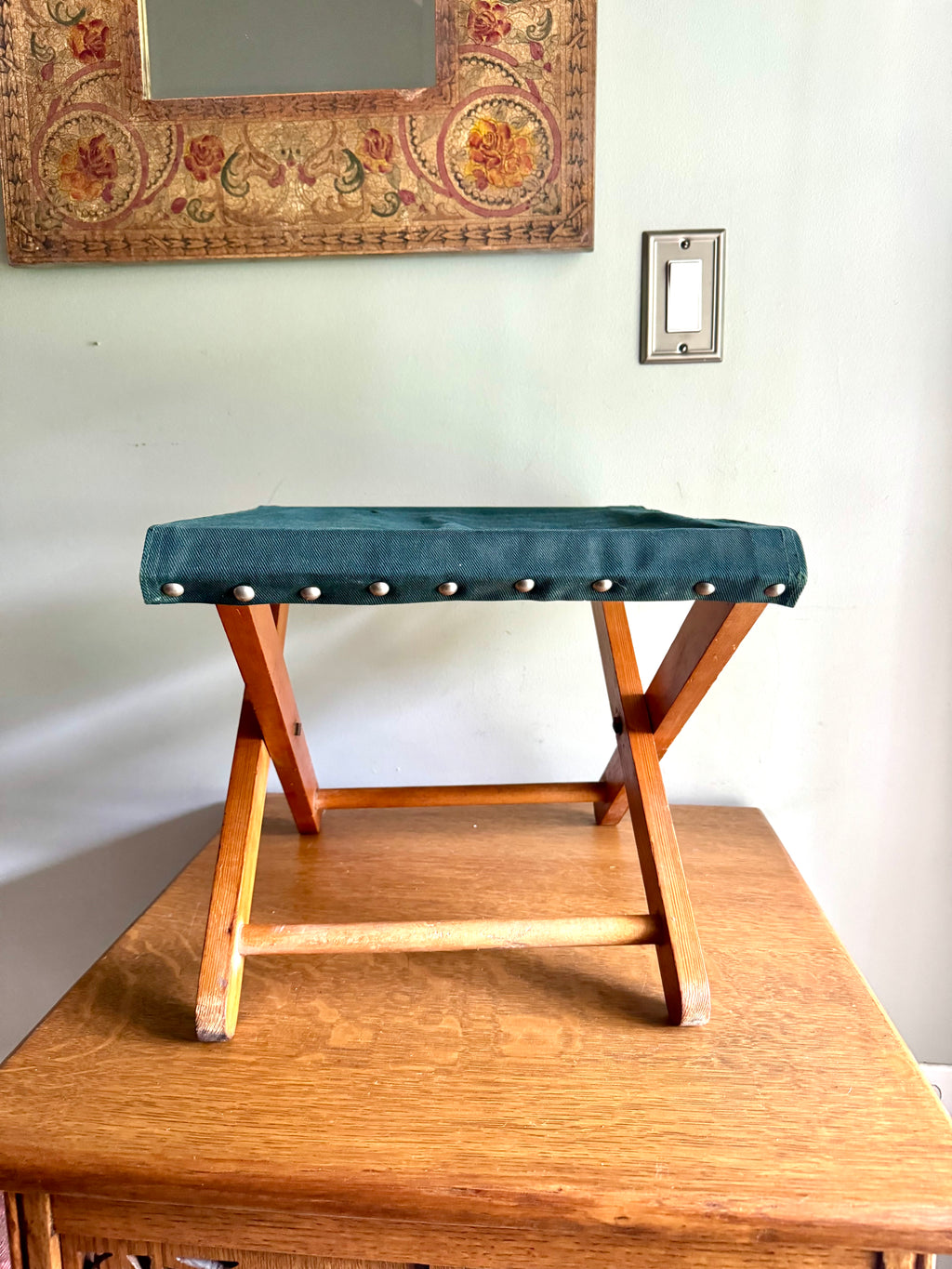 Vintage Folding Camp Stool | Wooden Fishing Stool | Green Folding Wood and Canvas Stool | Camping Stool | Travel Stool