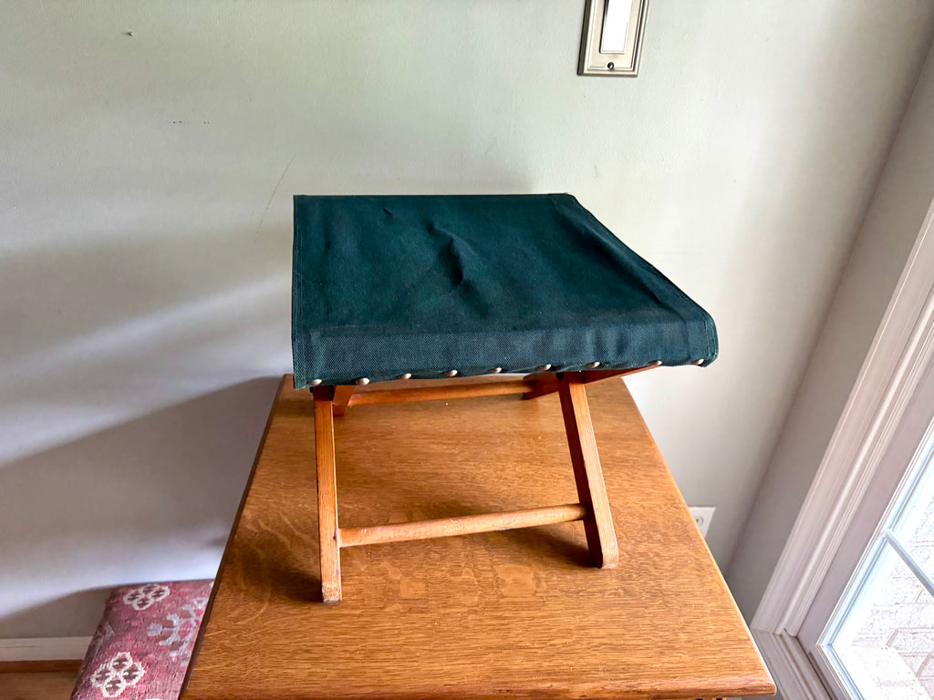 Vintage Folding Camp Stool | Wooden Fishing Stool | Green Folding Wood and Canvas Stool | Camping Stool | Travel Stool