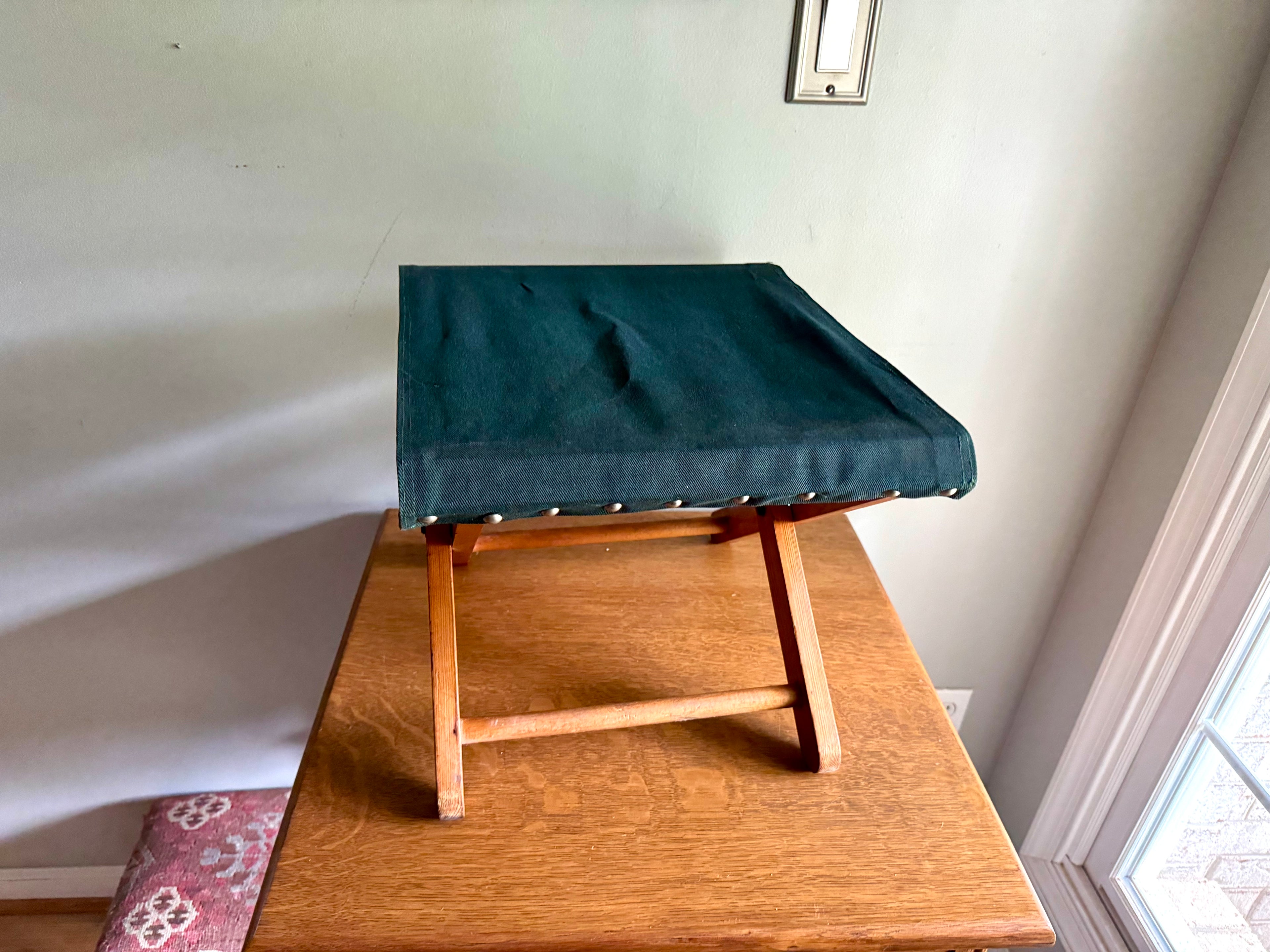 Vintage Folding Camp Stool | Wooden Fishing Stool | Green Folding Wood and Canvas Stool | Camping Stool | Travel Stool