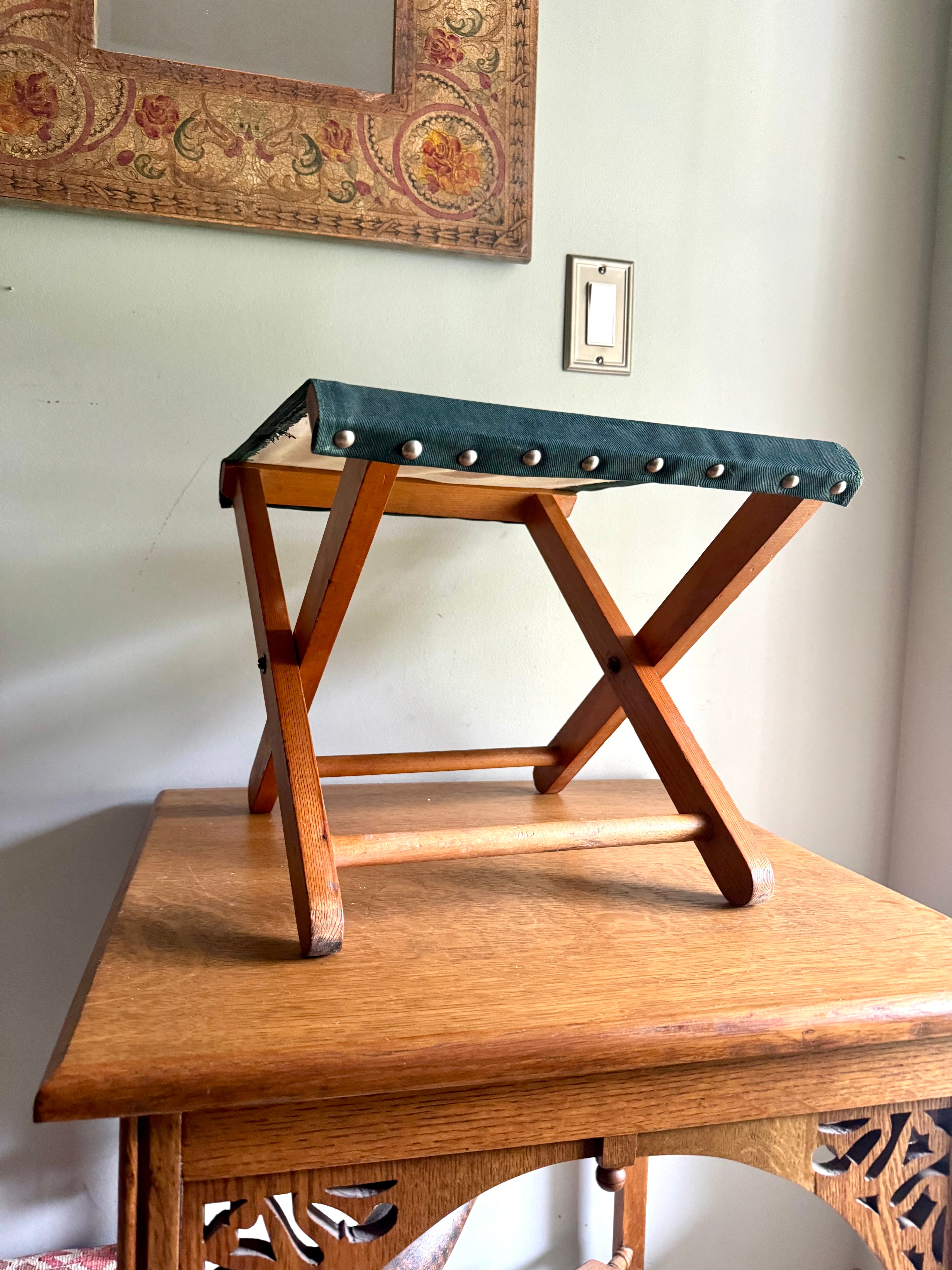 Vintage Folding Camp Stool | Wooden Fishing Stool | Green Folding Wood and Canvas Stool | Camping Stool | Travel Stool
