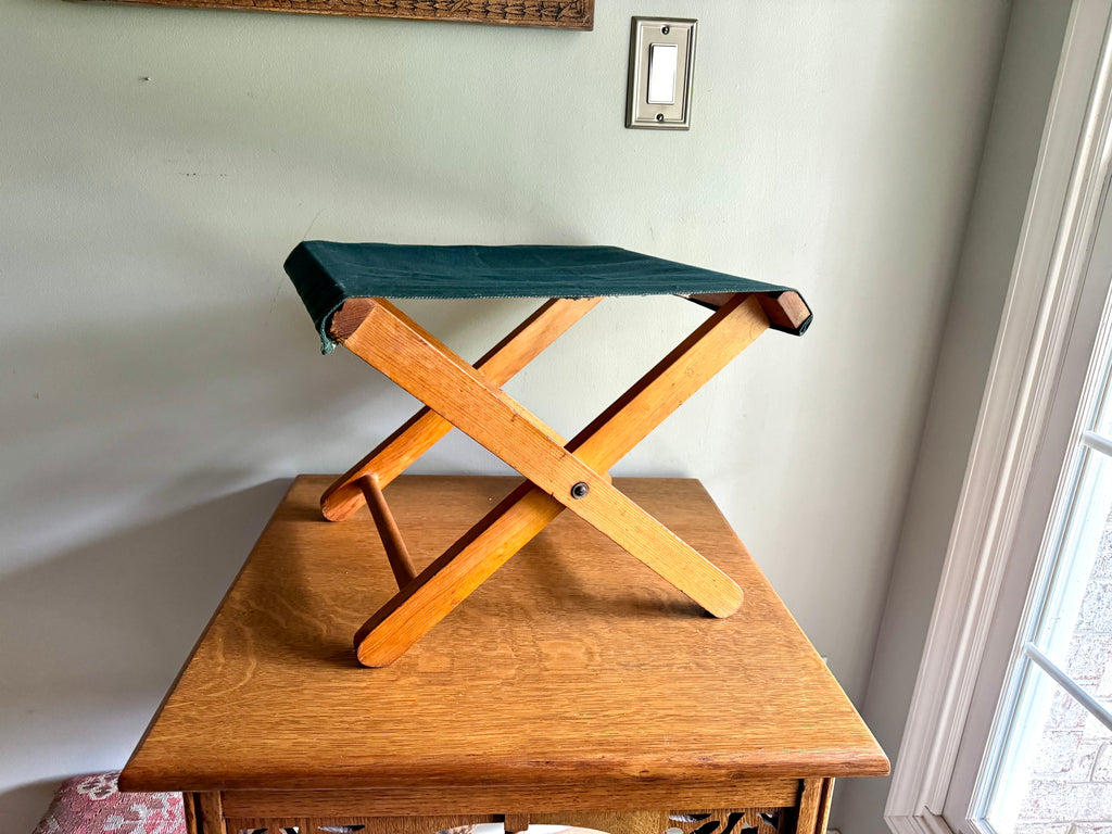 Vintage Folding Camp Stool | Wooden Fishing Stool | Green Folding Wood and Canvas Stool | Camping Stool | Travel Stool