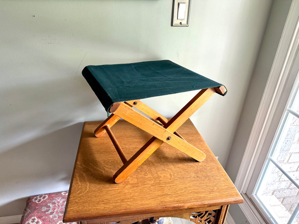 Vintage Folding Camp Stool | Wooden Fishing Stool | Green Folding Wood and Canvas Stool | Camping Stool | Travel Stool