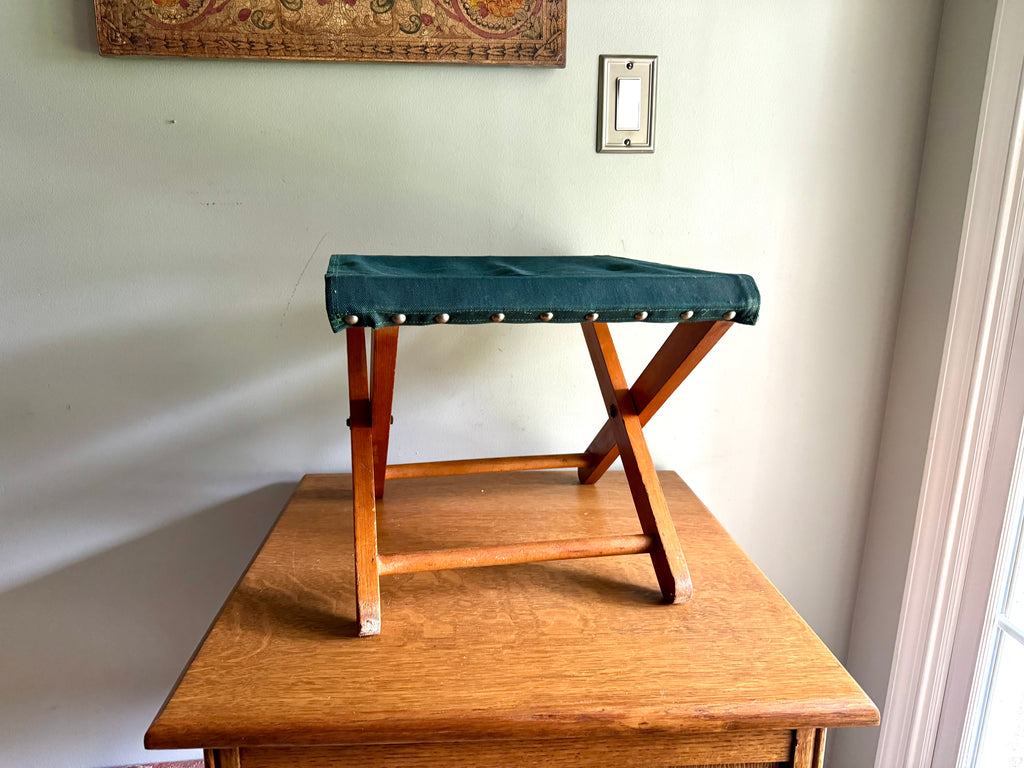 Vintage Folding Camp Stool | Wooden Fishing Stool | Green Folding Wood and Canvas Stool | Camping Stool | Travel Stool