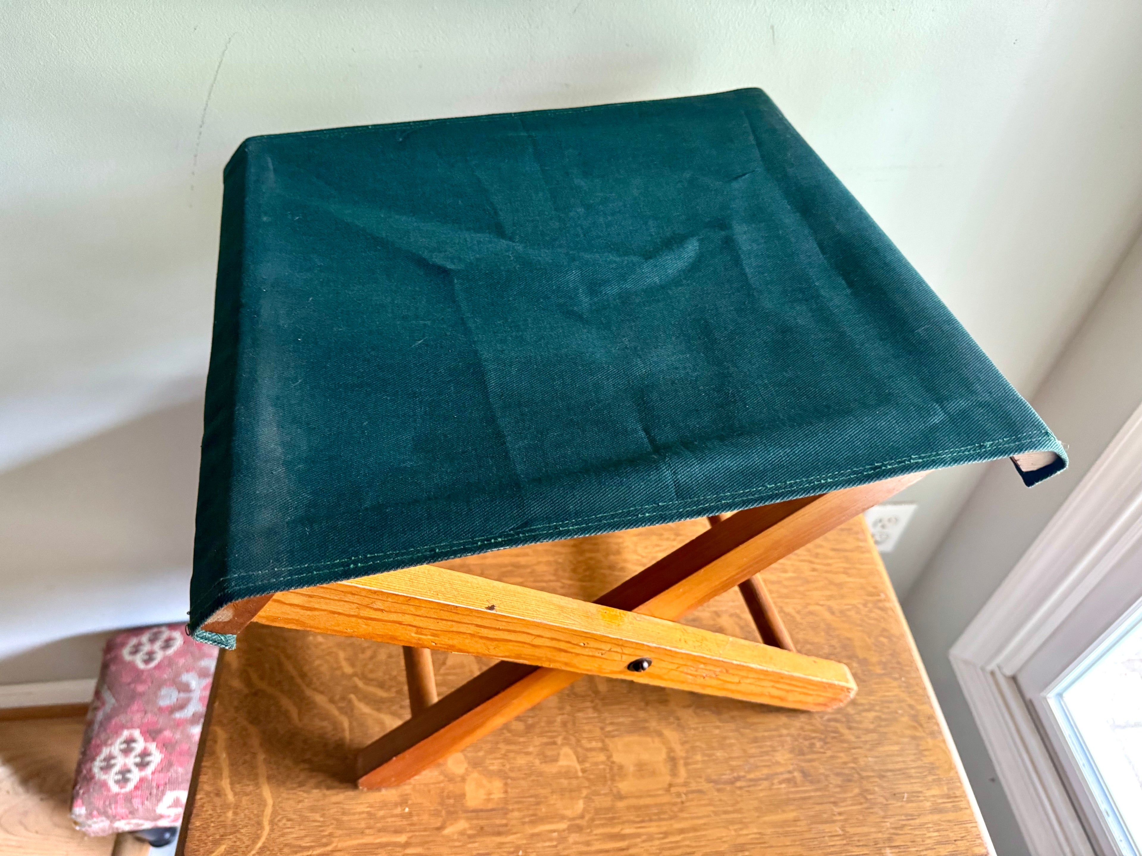Vintage Folding Camp Stool | Wooden Fishing Stool | Green Folding Wood and Canvas Stool | Camping Stool | Travel Stool