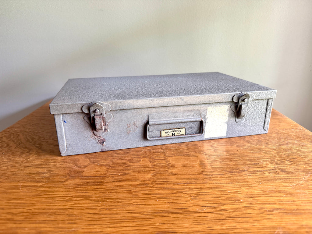 Vtg Brumberger 35mm Slide Gray Storage Box Metal Case 150 Slots ~
