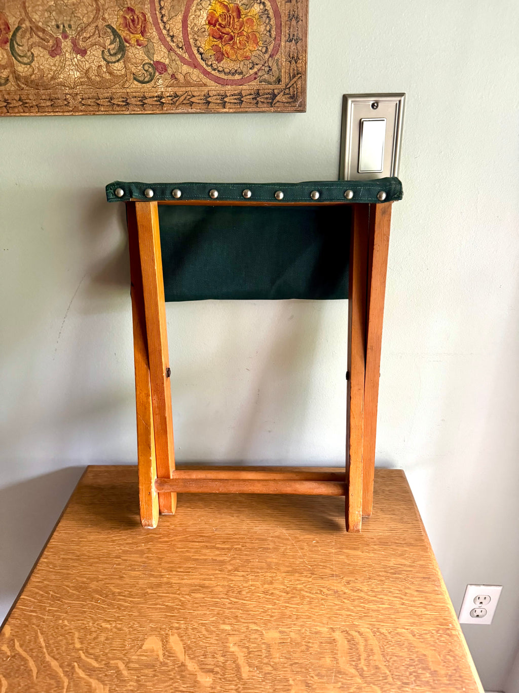 Vintage Folding Camp Stool | Wooden Fishing Stool | Green Folding Wood and Canvas Stool | Camping Stool | Travel Stool