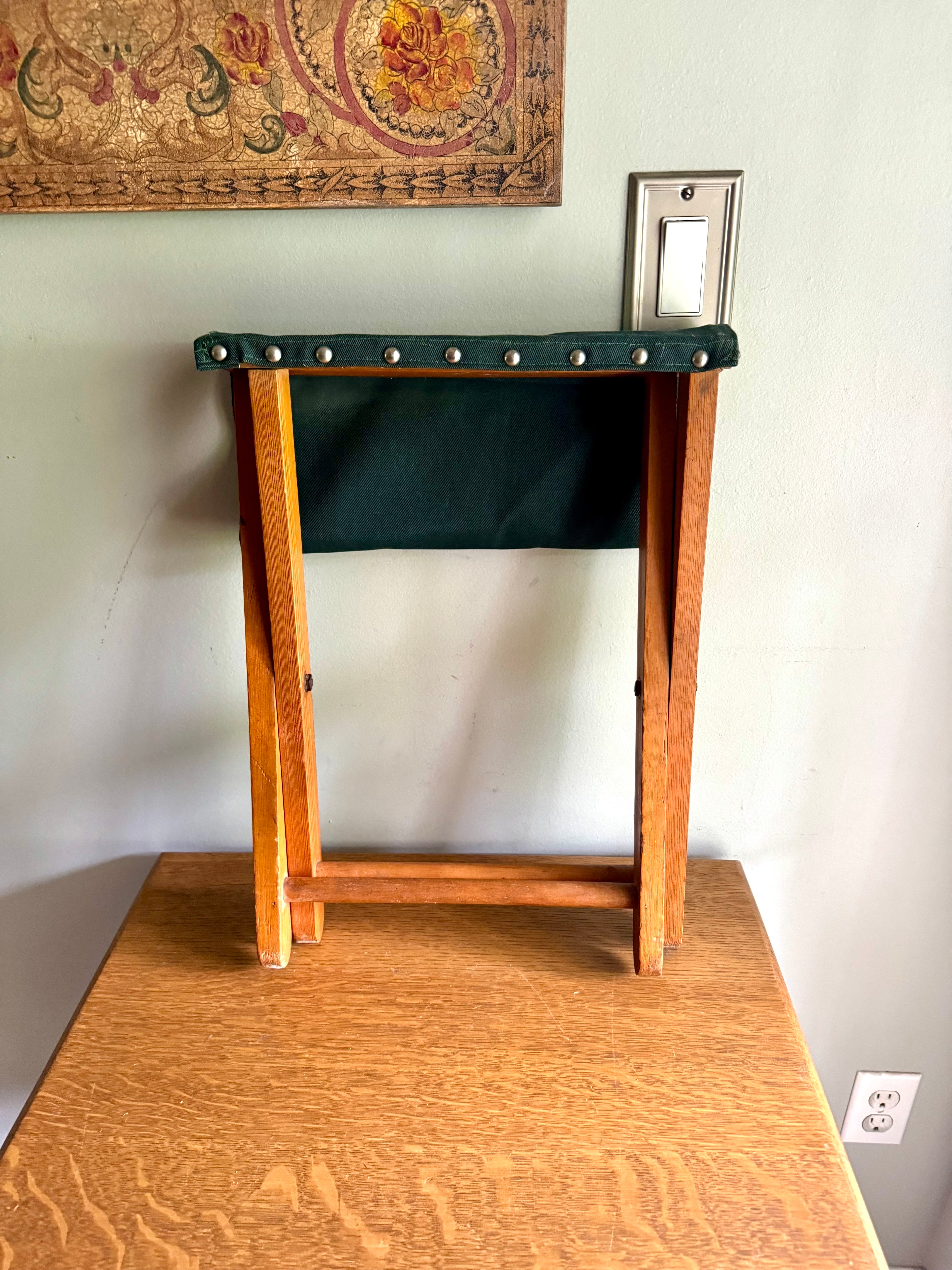 Vintage Folding Camp Stool | Wooden Fishing Stool | Green Folding Wood and Canvas Stool | Camping Stool | Travel Stool