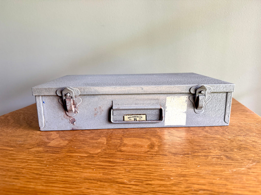 Vtg Brumberger 35mm Slide Gray Storage Box Metal Case 150 Slots ~