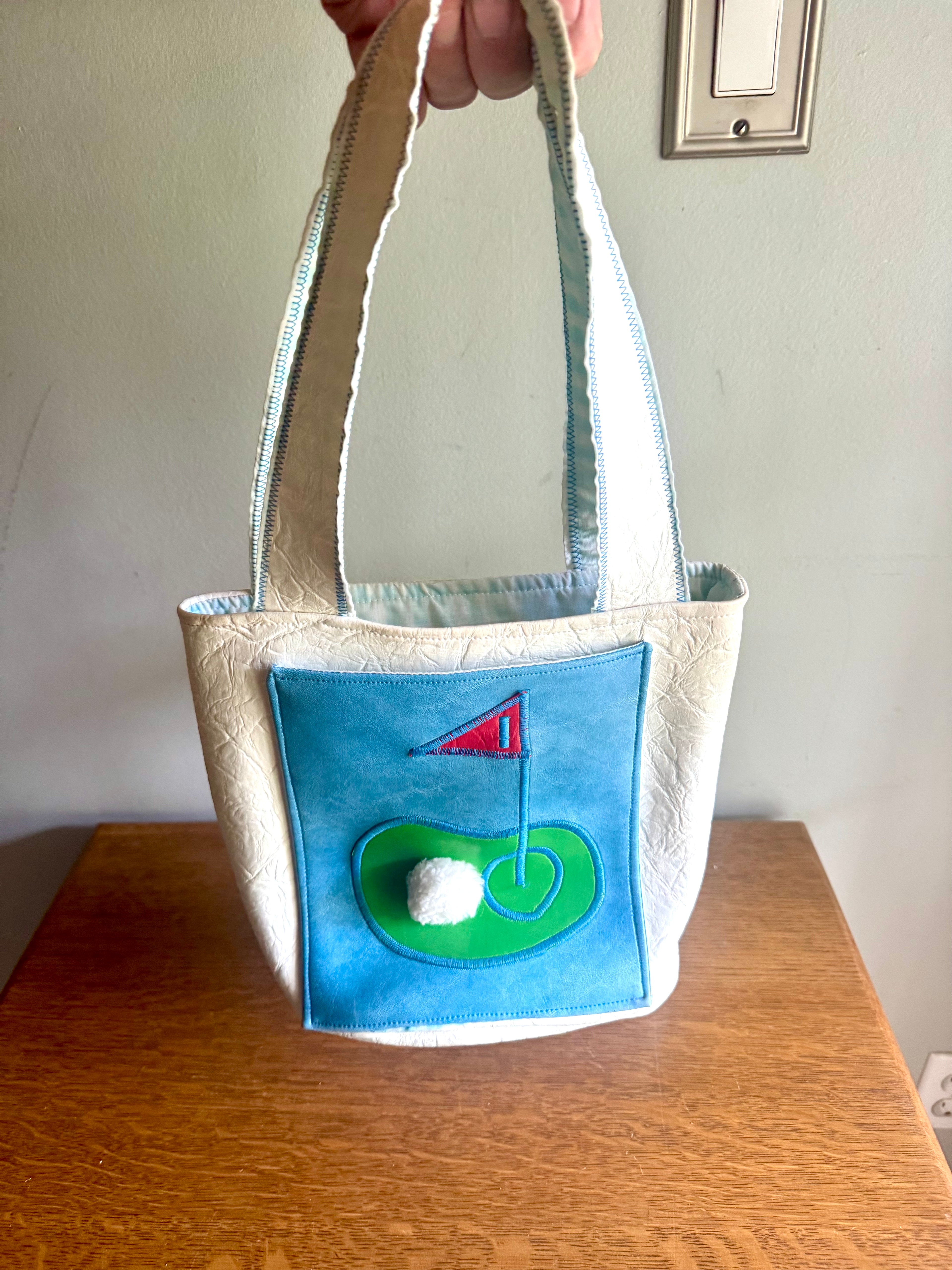 Vintage White Golf Themed Handbag | Handmade Golfing Bag | Blue Golf Purse | Golfer Gift | Golf Themed Purse  | Textured Vinyl Golf Handbag