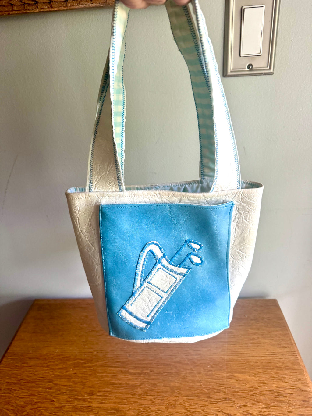 Vintage White Golf Themed Handbag | Handmade Golfing Bag | Blue Golf Purse | Golfer Gift | Golf Themed Purse  | Textured Vinyl Golf Handbag