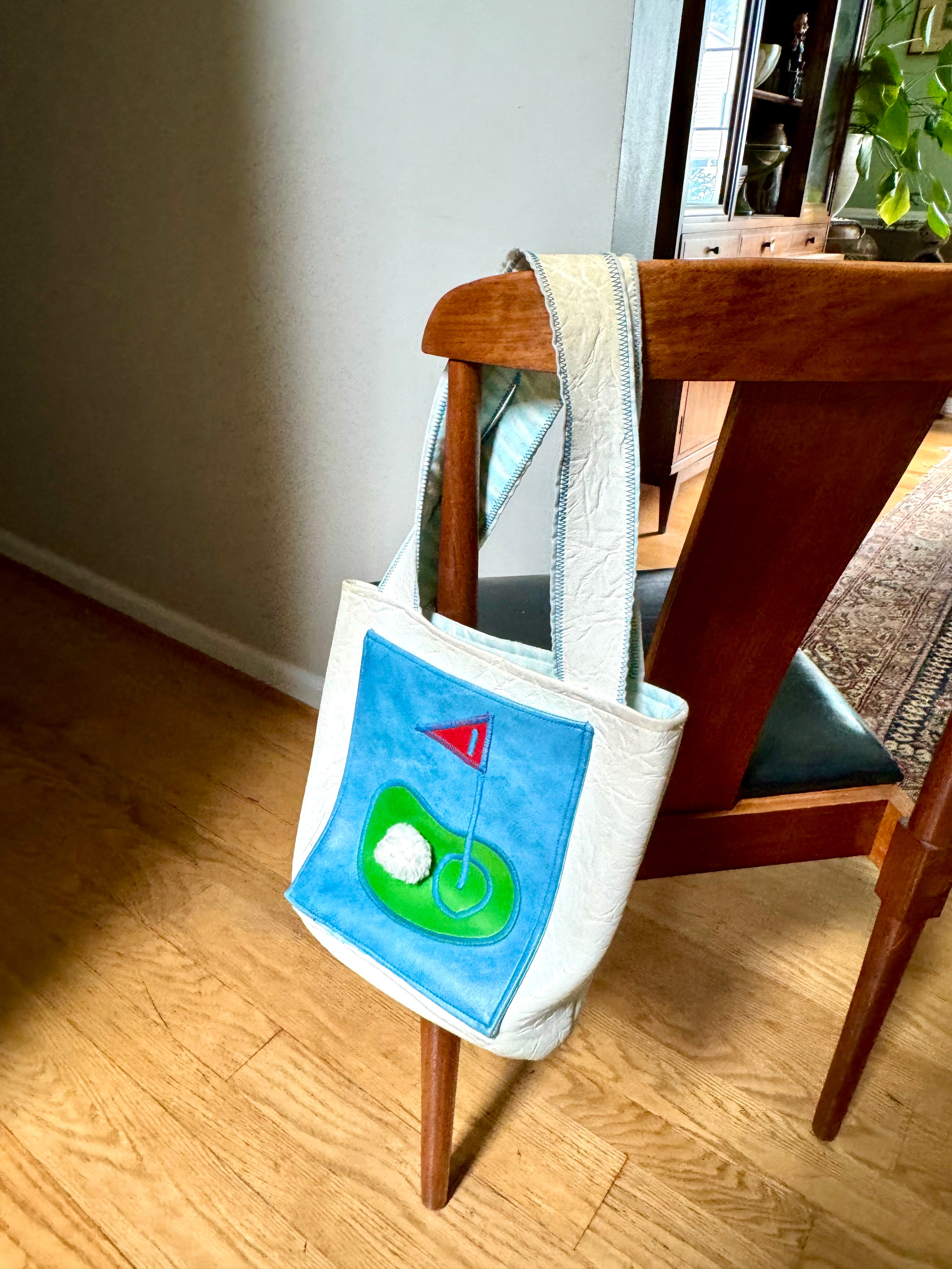 Vintage White Golf Themed Handbag | Handmade Golfing Bag | Blue Golf Purse | Golfer Gift | Golf Themed Purse  | Textured Vinyl Golf Handbag