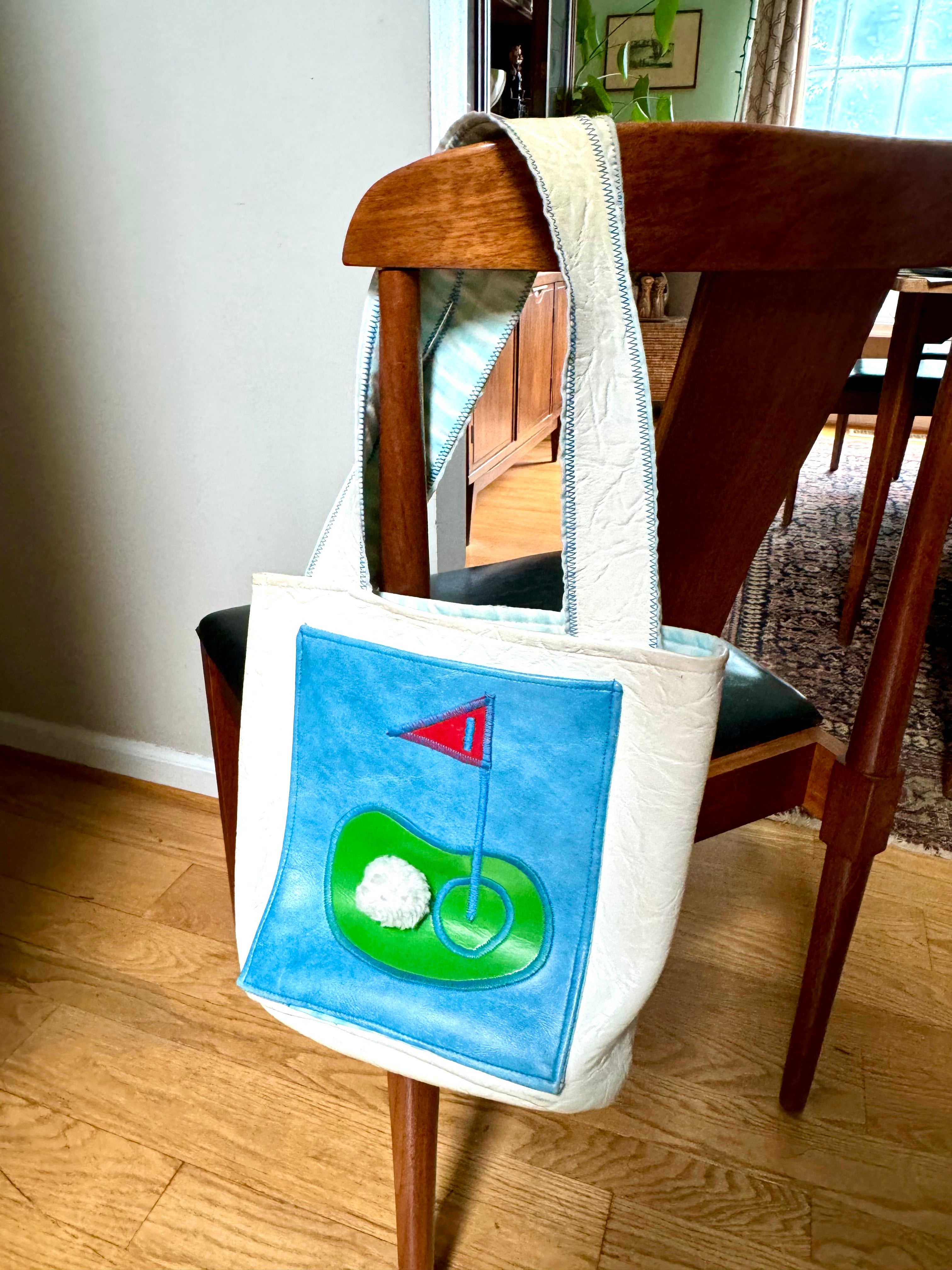 Vintage White Golf Themed Handbag | Handmade Golfing Bag | Blue Golf Purse | Golfer Gift | Golf Themed Purse  | Textured Vinyl Golf Handbag