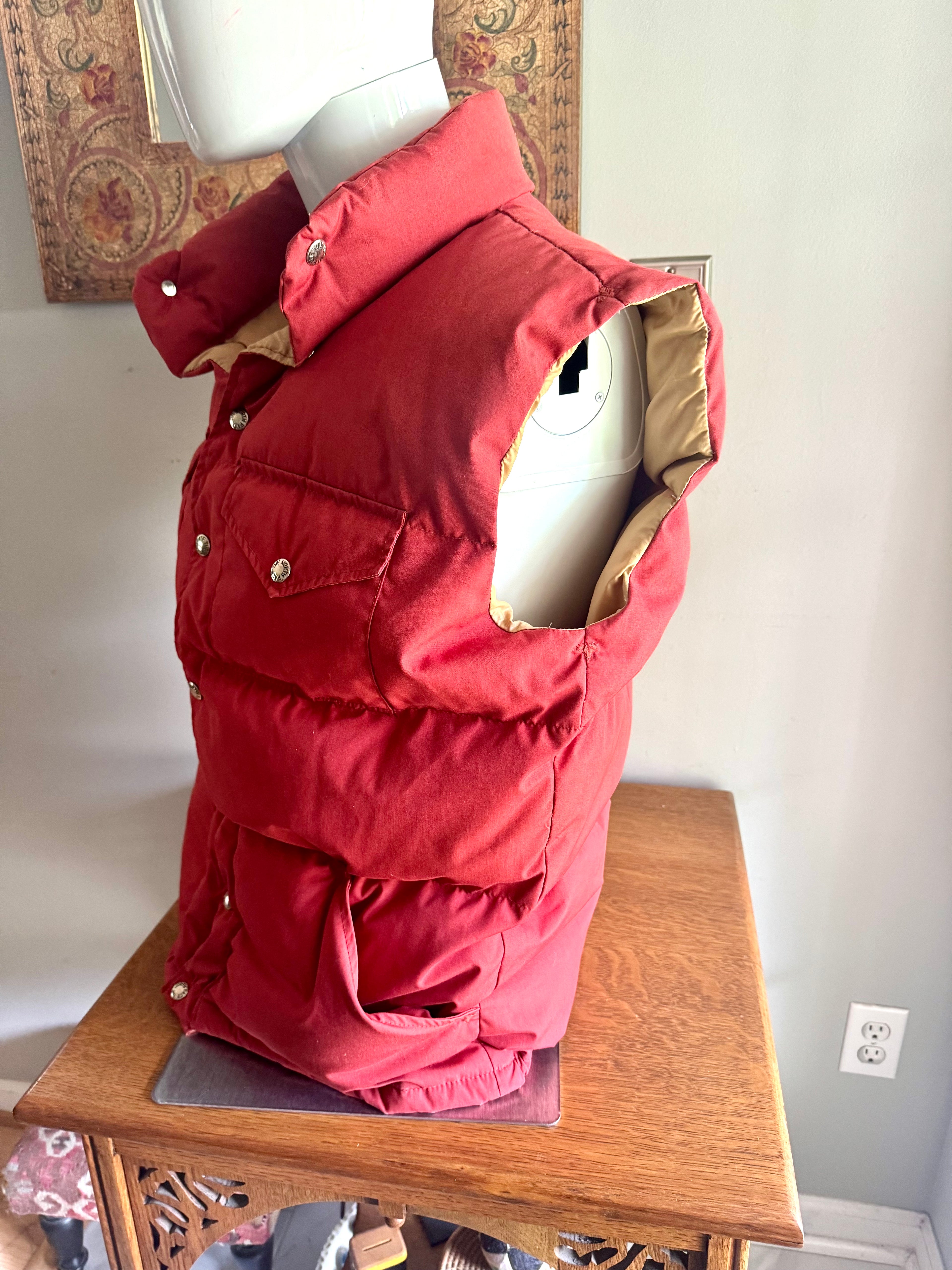 1970s XL North Face Down Vest | Brown Label North Face Orange/Red Vest | Snap Button Quilted Puffer Vest | Goose Down North Face Vest