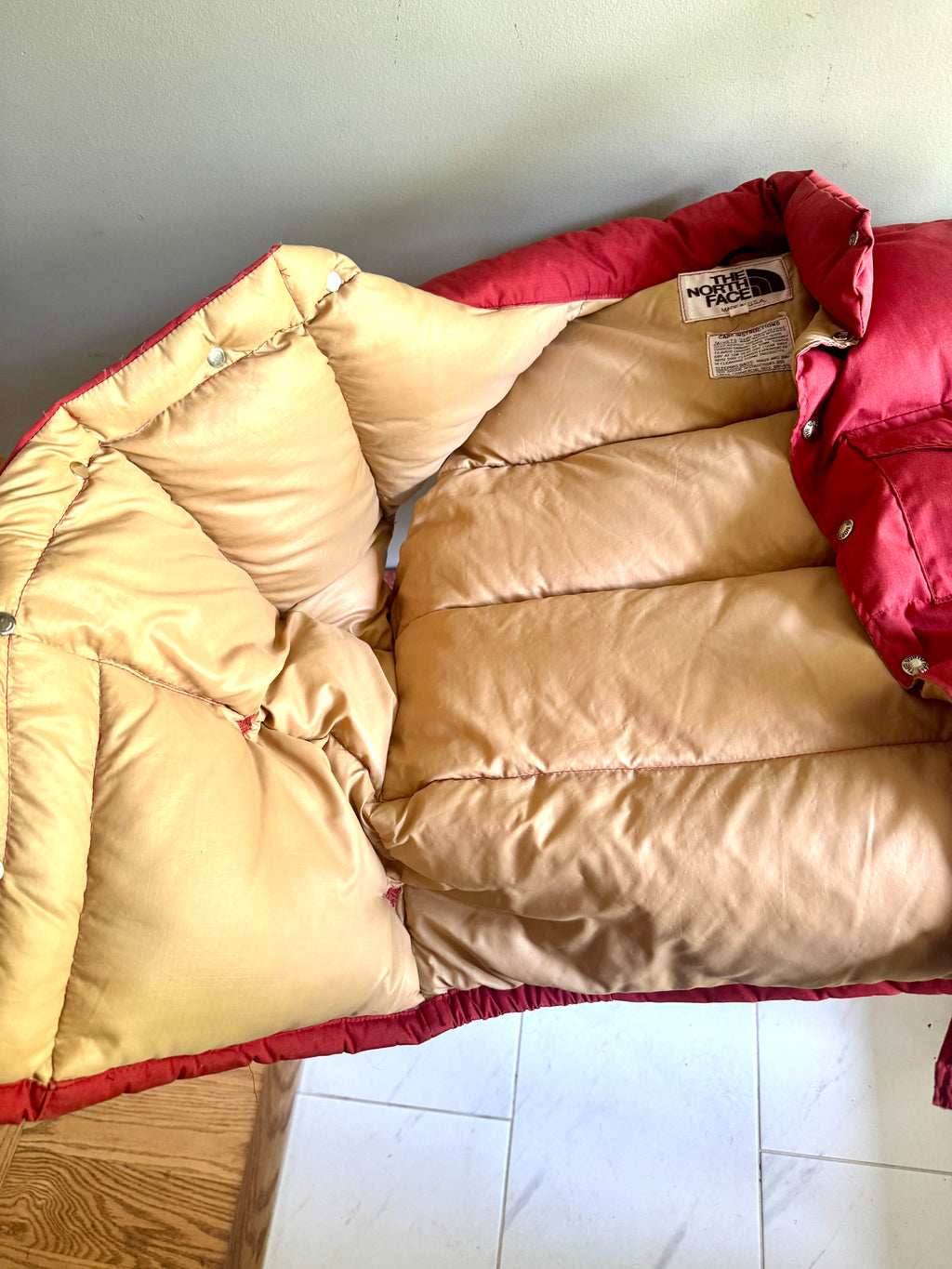 1970s XL North Face Down Vest | Brown Label North Face Orange/Red Vest | Snap Button Quilted Puffer Vest | Goose Down North Face Vest