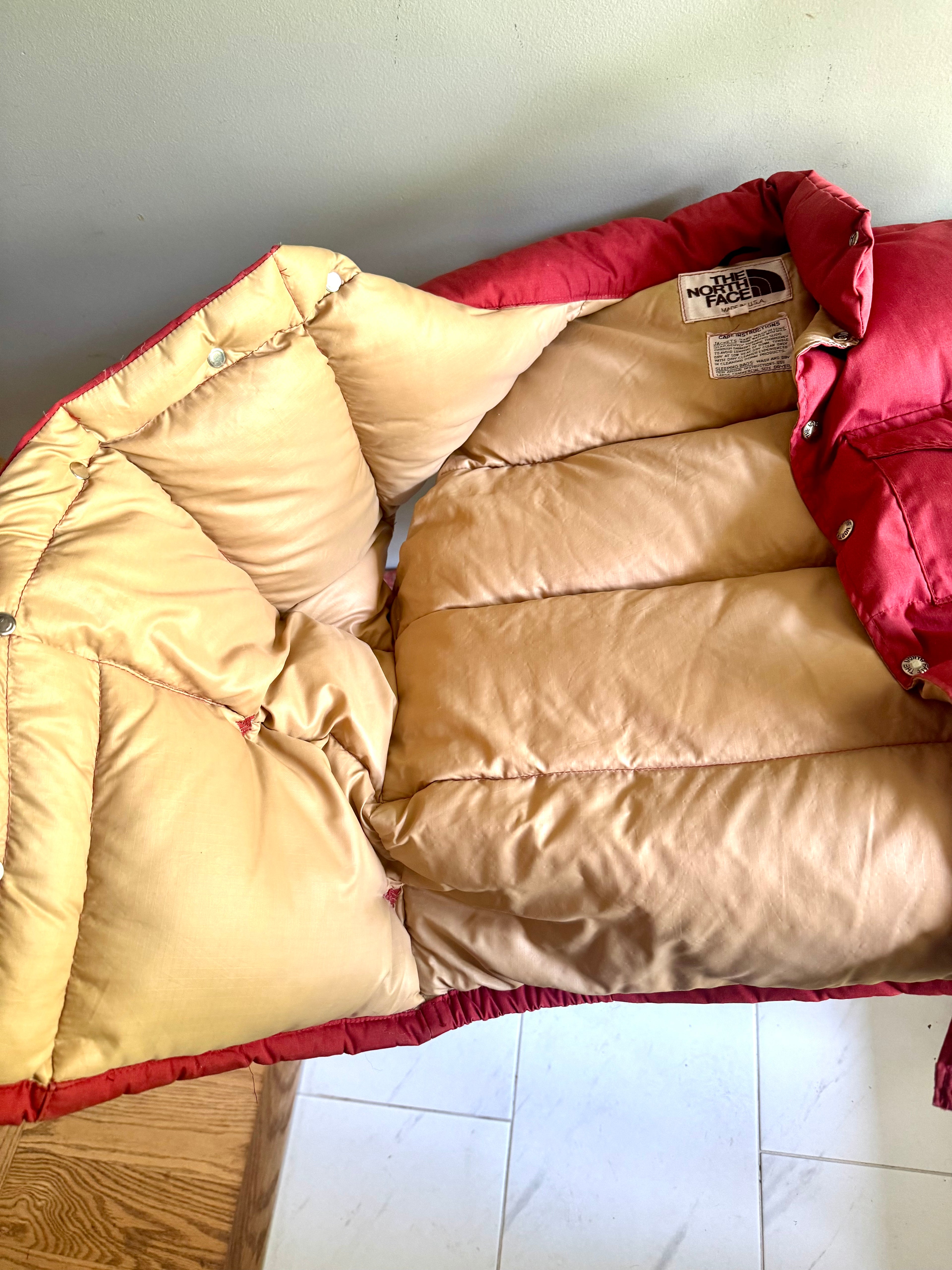 1970s XL North Face Down Vest | Brown Label North Face Orange/Red Vest | Snap Button Quilted Puffer Vest | Goose Down North Face Vest