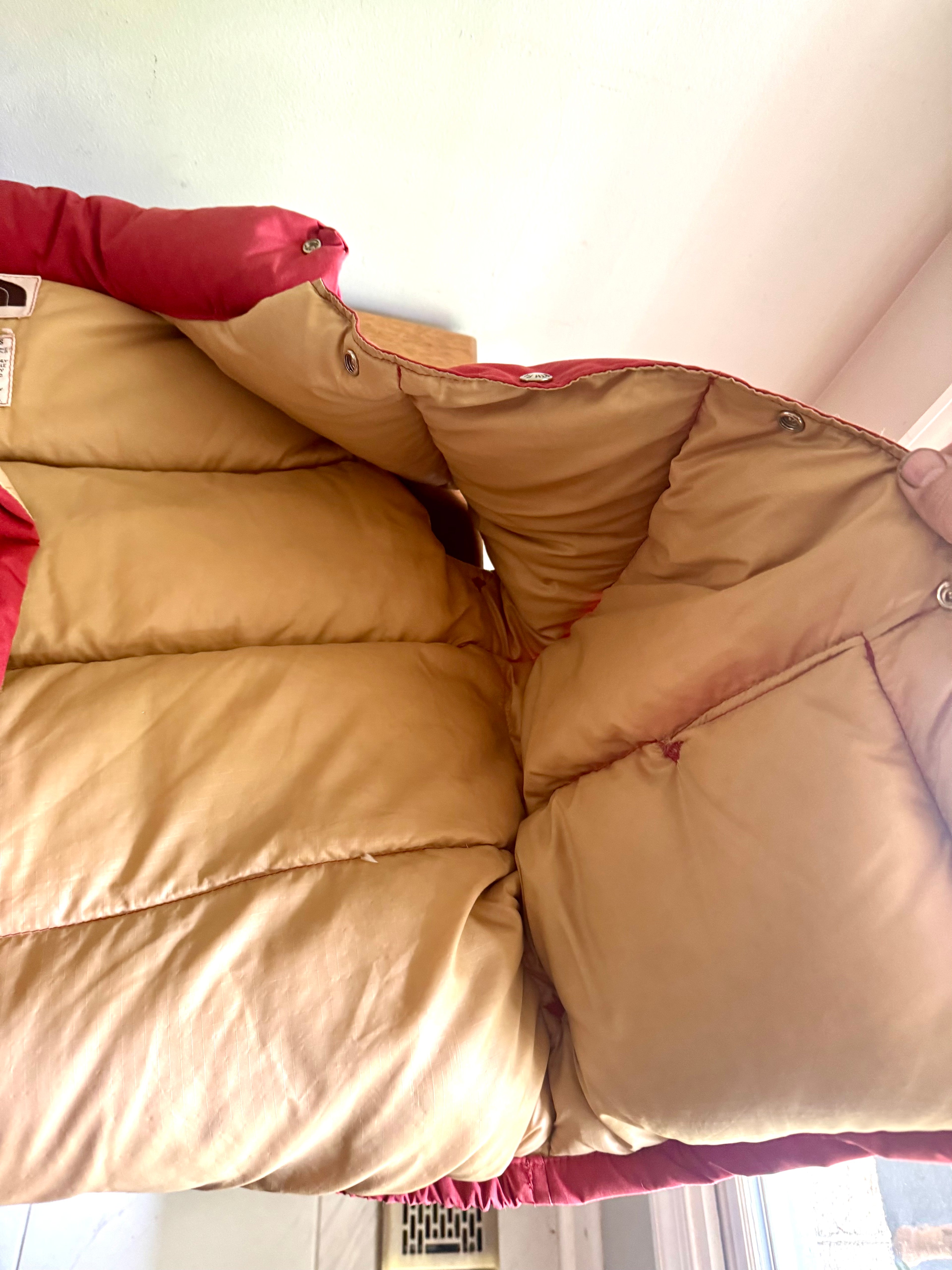 1970s XL North Face Down Vest | Brown Label North Face Orange/Red Vest | Snap Button Quilted Puffer Vest | Goose Down North Face Vest