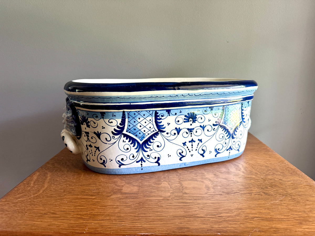 Large Italian Maiolica Jardinière With Lion Head Handles ~ Glazed Earthernware Italian Planter