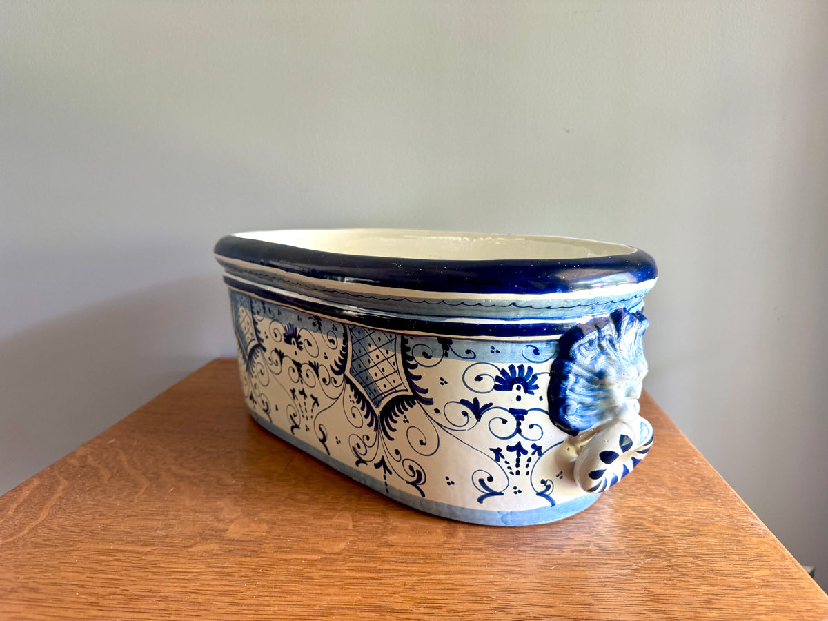 Large Italian Maiolica Jardinière With Lion Head Handles ~ Glazed Earthernware Italian Planter