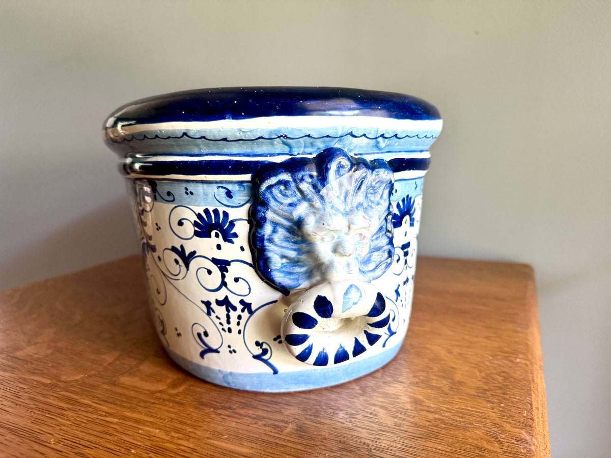 Large Italian Maiolica Jardinière With Lion Head Handles ~ Glazed Earthernware Italian Planter