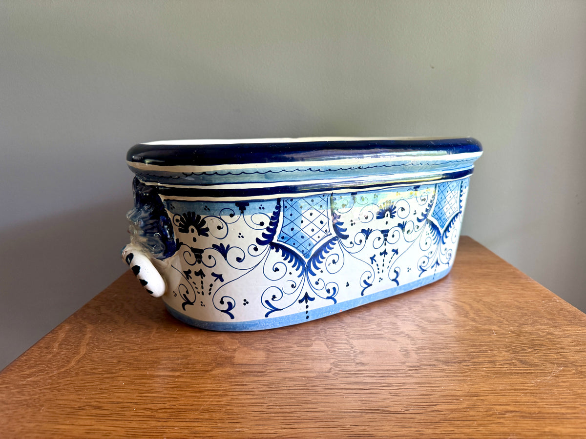 Large Italian Maiolica Jardinière With Lion Head Handles ~ Glazed Earthernware Italian Planter