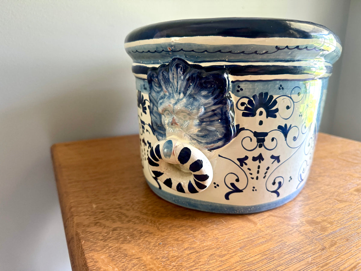 Large Italian Maiolica Jardinière With Lion Head Handles ~ Glazed Earthernware Italian Planter