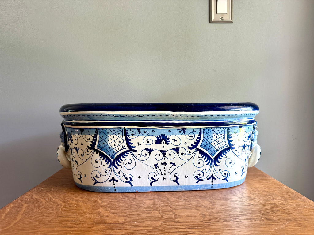 Large Italian Maiolica Jardinière With Lion Head Handles ~ Glazed Earthernware Italian Planter