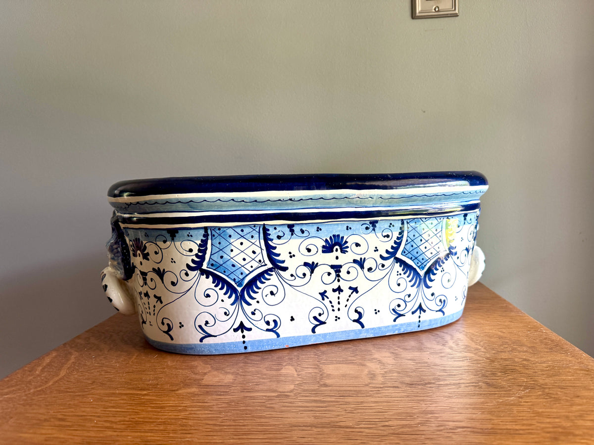 Large Italian Maiolica Jardinière With Lion Head Handles ~ Glazed Earthernware Italian Planter