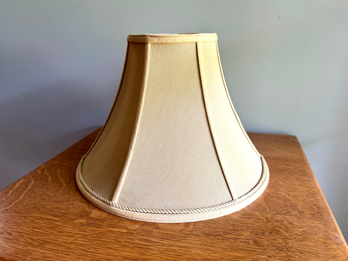 Vtg Classic Bell Shaped Fabric Lampshade in Tan w/ Antique White Satin Lining ~ Tan Cloth Lamp Shade