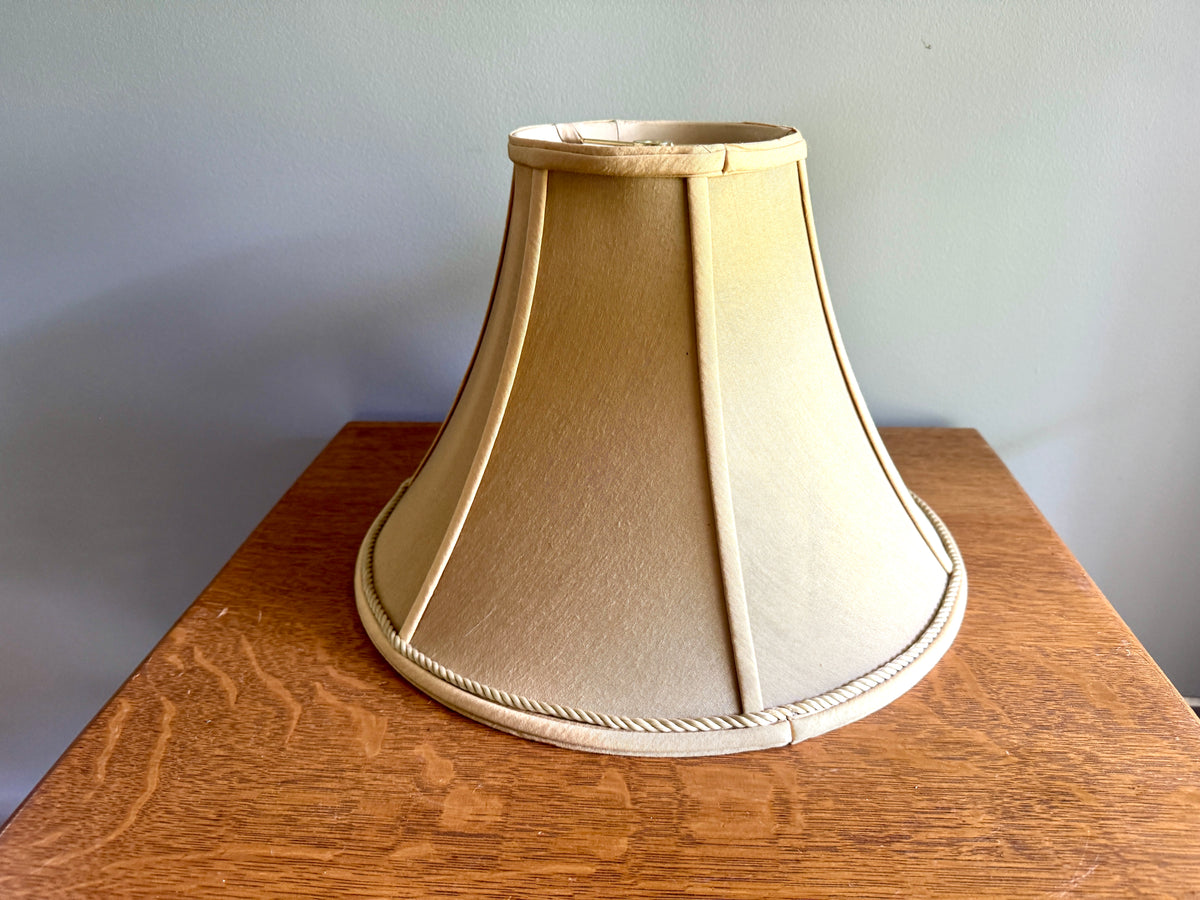 Vtg Classic Bell Shaped Fabric Lampshade in Tan w/ Antique White Satin Lining ~ Tan Cloth Lamp Shade