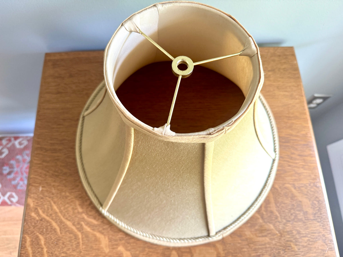 Vtg Classic Bell Shaped Fabric Lampshade in Tan w/ Antique White Satin Lining ~ Tan Cloth Lamp Shade