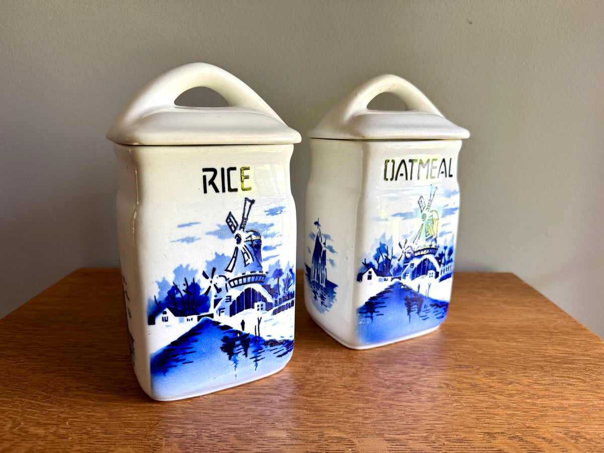 Vtg Czechoslovakia Blue & White Ceramic Canisters ~ Rice & Oatmeal Ceramic Kitchen Cansisters