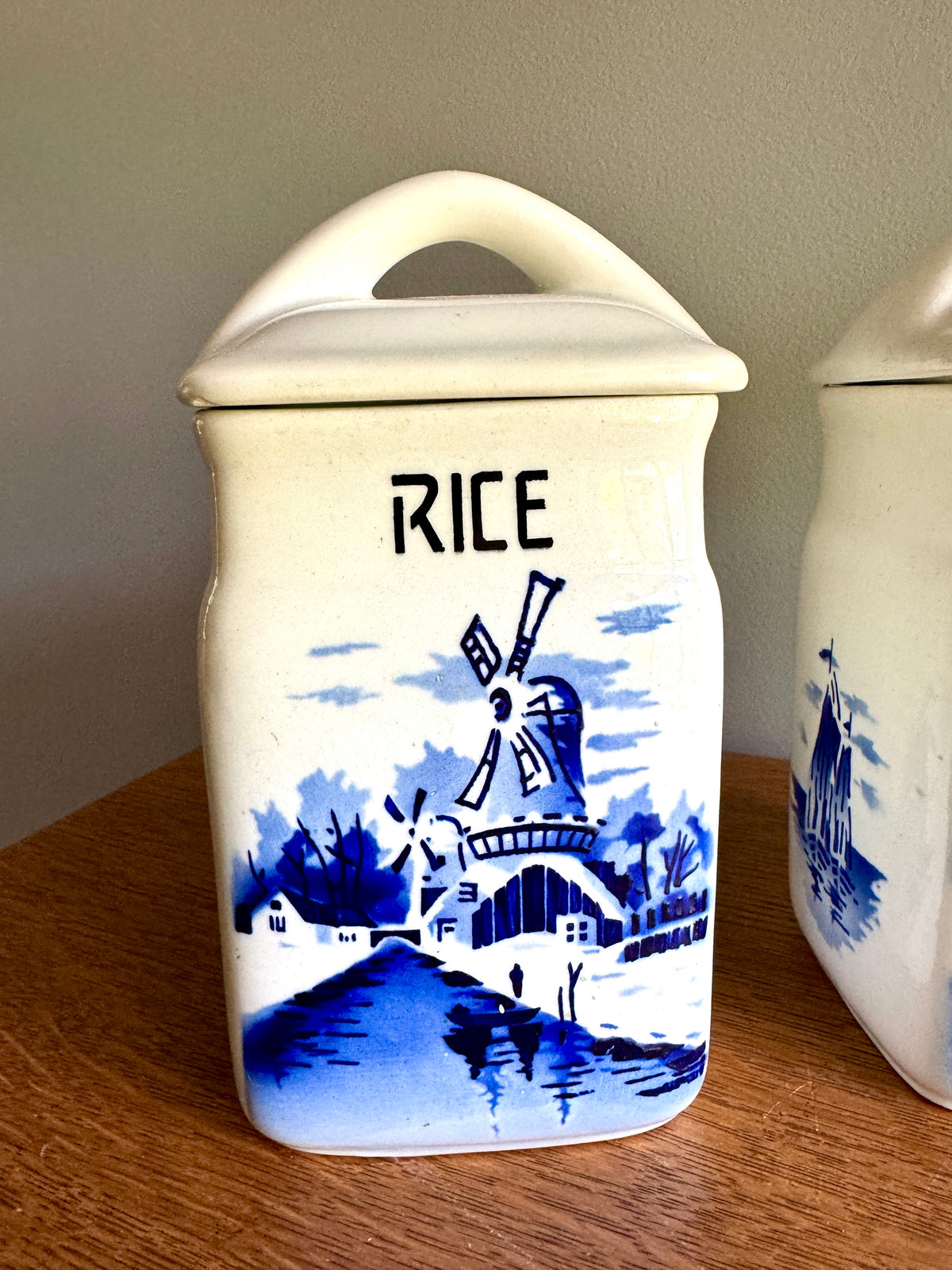 Vtg Czechoslovakia Blue & White Ceramic Canisters ~ Rice & Oatmeal Ceramic Kitchen Cansisters
