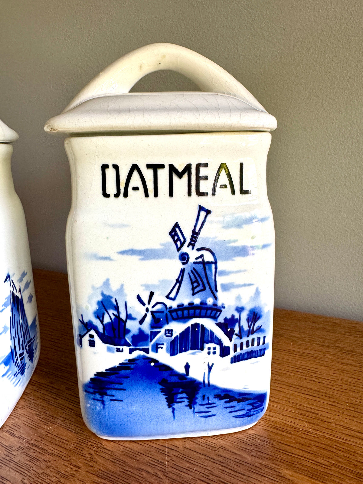 Vtg Czechoslovakia Blue & White Ceramic Canisters ~ Rice & Oatmeal Ceramic Kitchen Cansisters