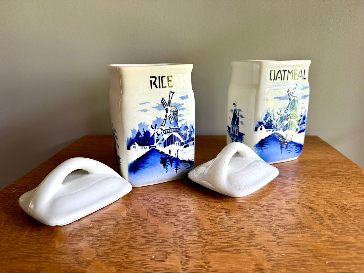 Vtg Czechoslovakia Blue & White Ceramic Canisters ~ Rice & Oatmeal Ceramic Kitchen Cansisters