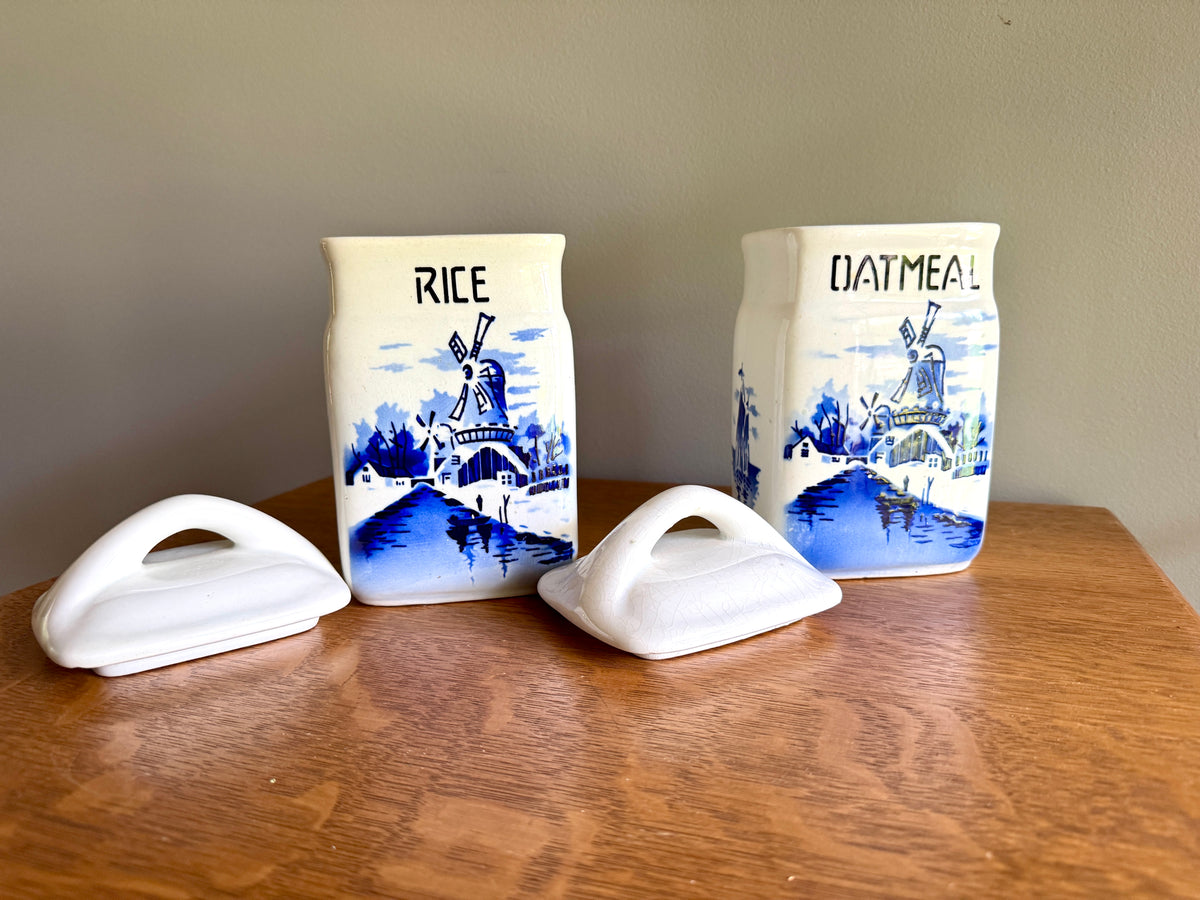 Vtg Czechoslovakia Blue & White Ceramic Canisters ~ Rice & Oatmeal Ceramic Kitchen Cansisters