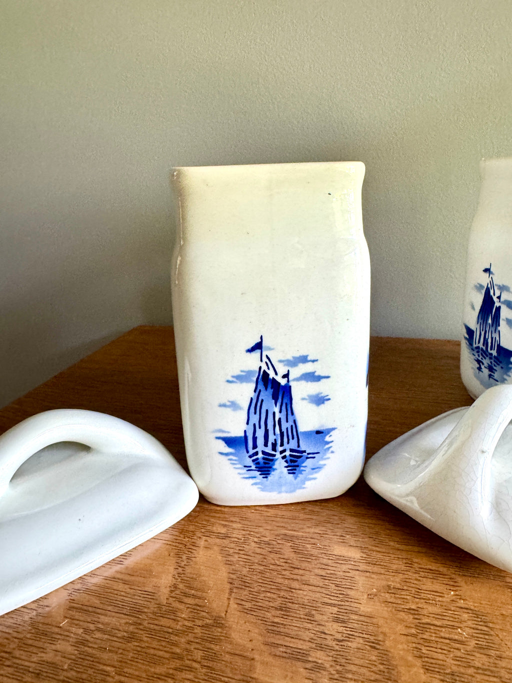 Vtg Czechoslovakia Blue & White Ceramic Canisters ~ Rice & Oatmeal Ceramic Kitchen Cansisters