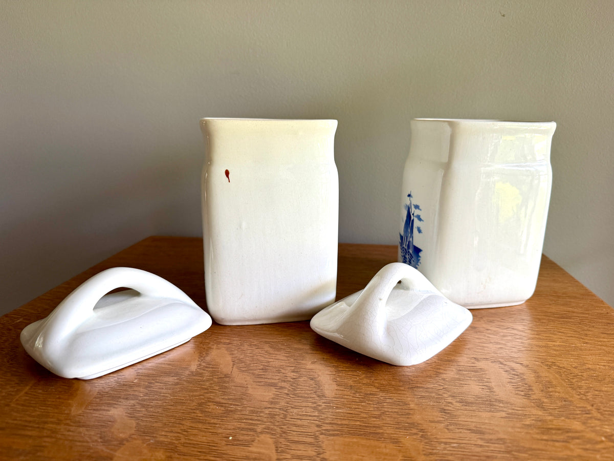 Vtg Czechoslovakia Blue & White Ceramic Canisters ~ Rice & Oatmeal Ceramic Kitchen Cansisters