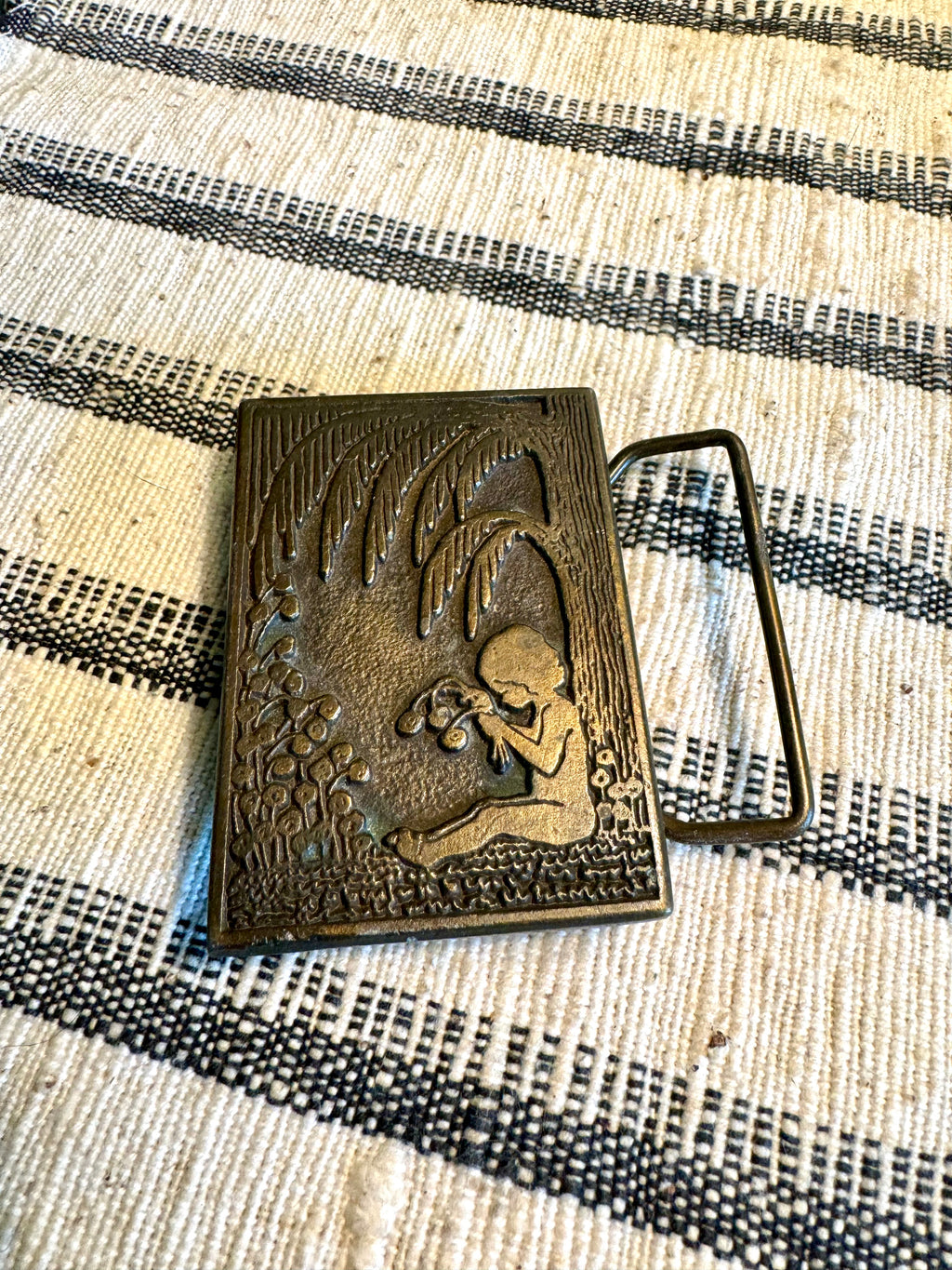 Vintage Solid Brass Little Girl Picking Flowers Belt Buckle | Brass Buckle | CDC Metalworks Girl Under Tree Brass Belt Buckle