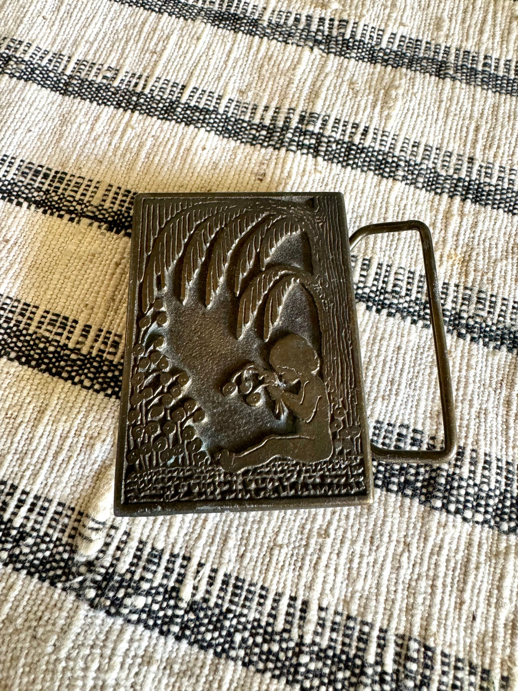 Vintage Solid Brass Little Girl Picking Flowers Belt Buckle | Brass Buckle | CDC Metalworks Girl Under Tree Brass Belt Buckle
